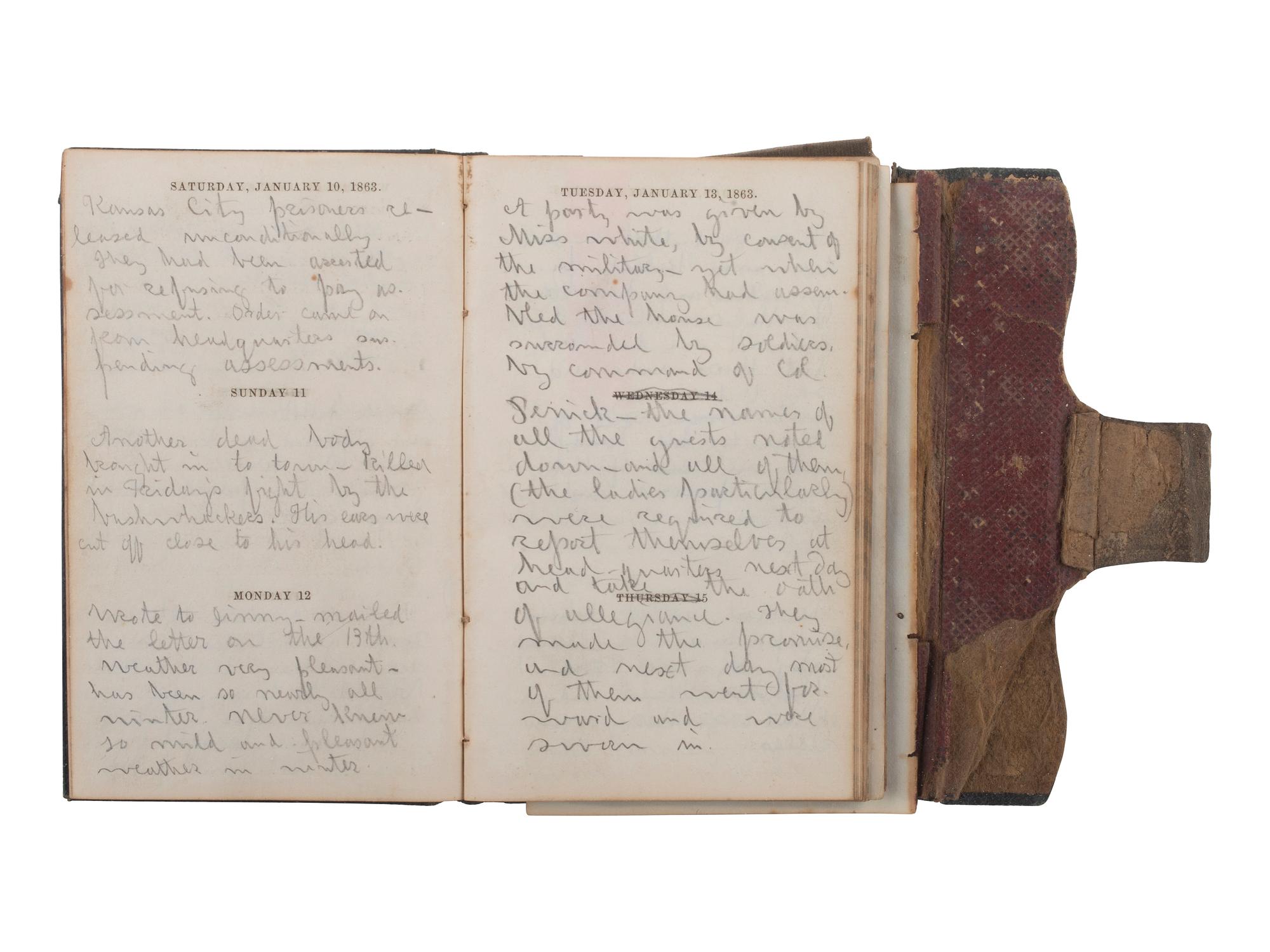 [CIVIL WAR] -- [QUANTRILL'S RAIDERS]. Diary of H.M. McCarty, editor of the Border Star at Westport, Missouri, with entries referencing 1863 clashes between Union soldiers and southern sympathizers, guerilla activity, and Quantrill's Raiders.