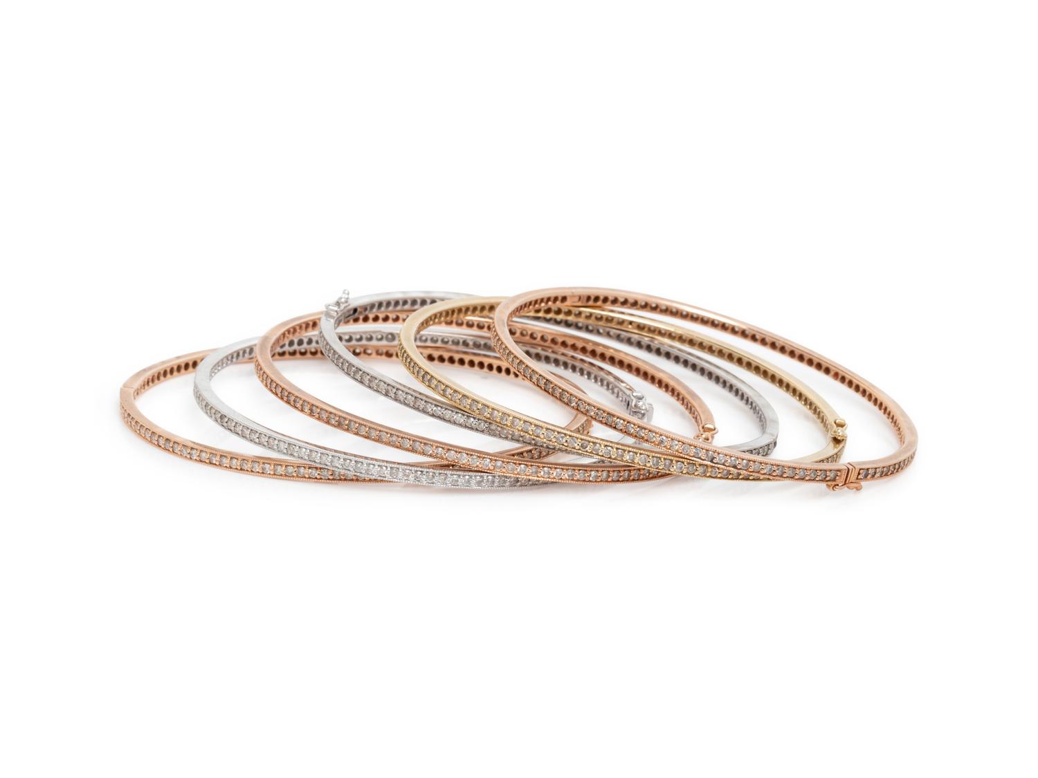 TRICOLOR GOLD AND DIAMOND STACKING BANGLE BRACELETS