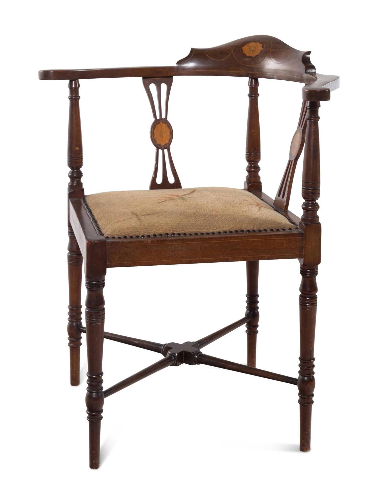 An Edwardian Boxwood-Strung Mahogany Corner Chair and a Similar Mahogany Corner Chair