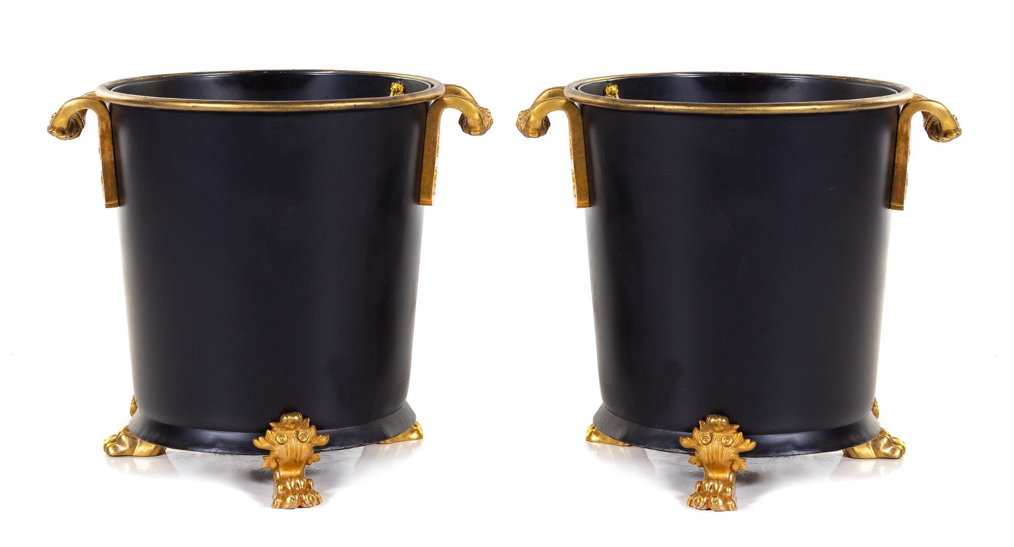 A Pair of Large Gilt Bronze Mounted Tole Jardinieres Height 25 1/4 x width 29 inches. — 20TH CENTURY