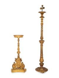 An Italian Giltwood Pedestal Table and a Torchère Mounted as a Floor Lamp