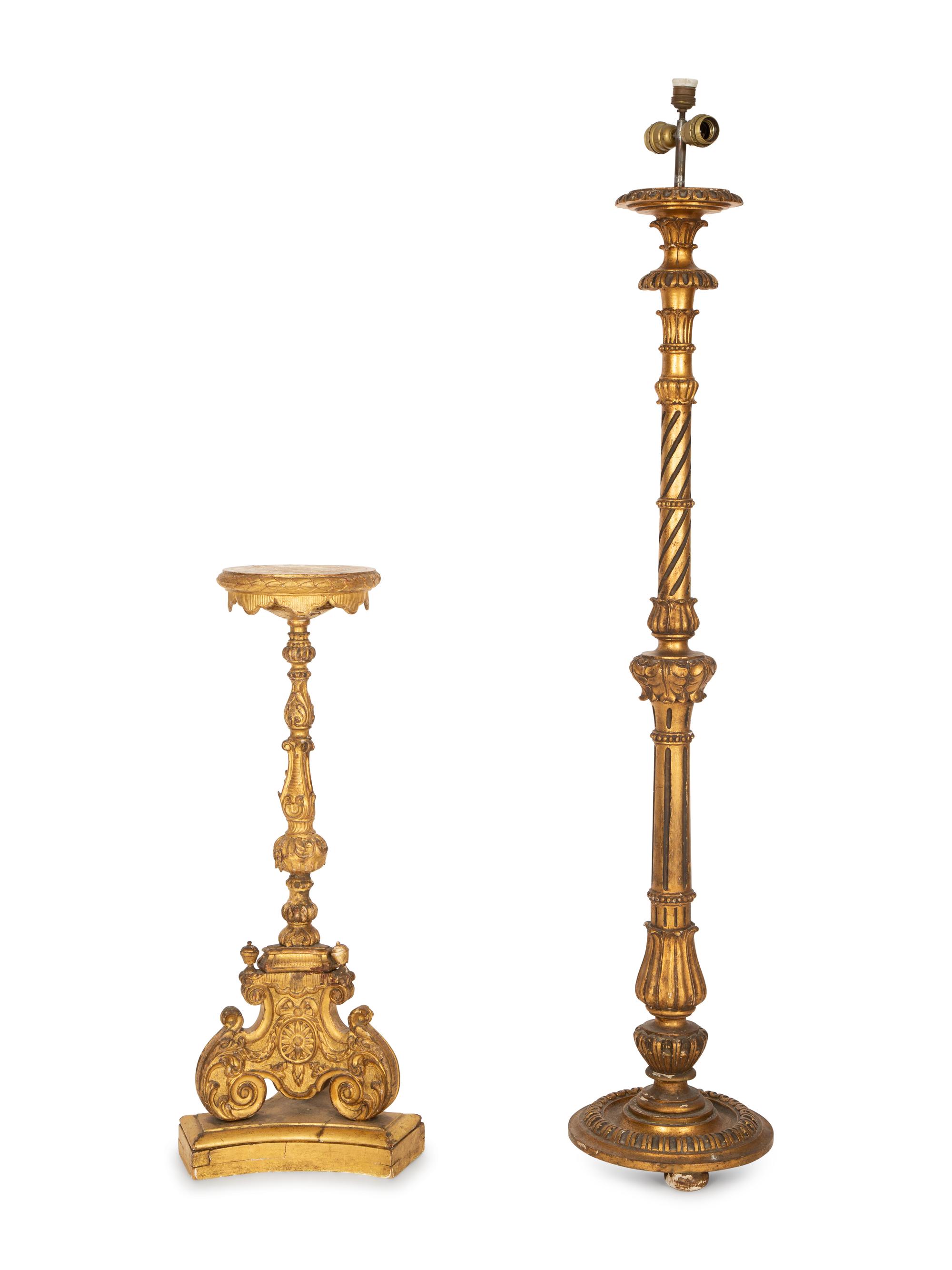 An Italian Giltwood Pedestal Table and a Torchère Mounted as a Floor Lamp
