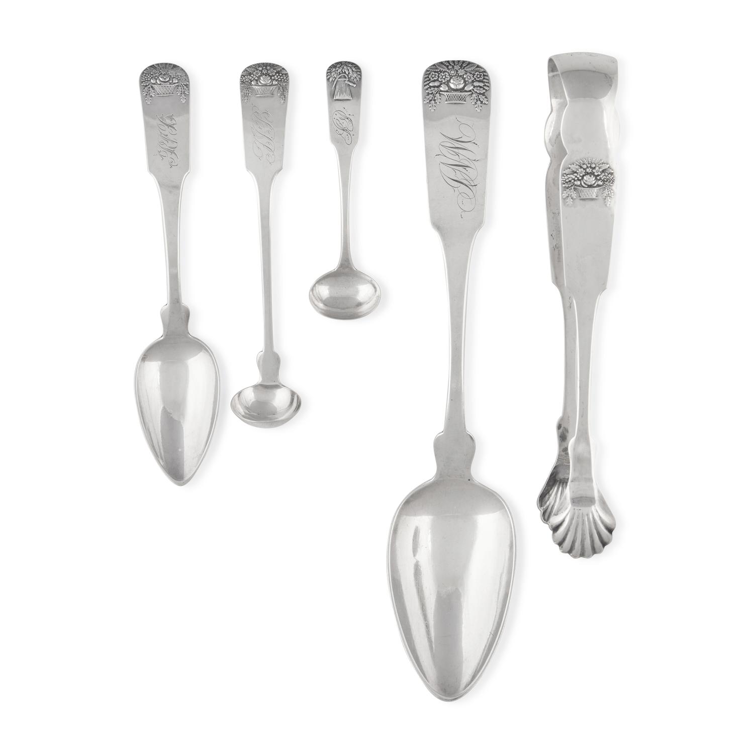 An Assembled Group of Coin Silver Fiddle-Back Flatware with Cast Flower Basket Handles