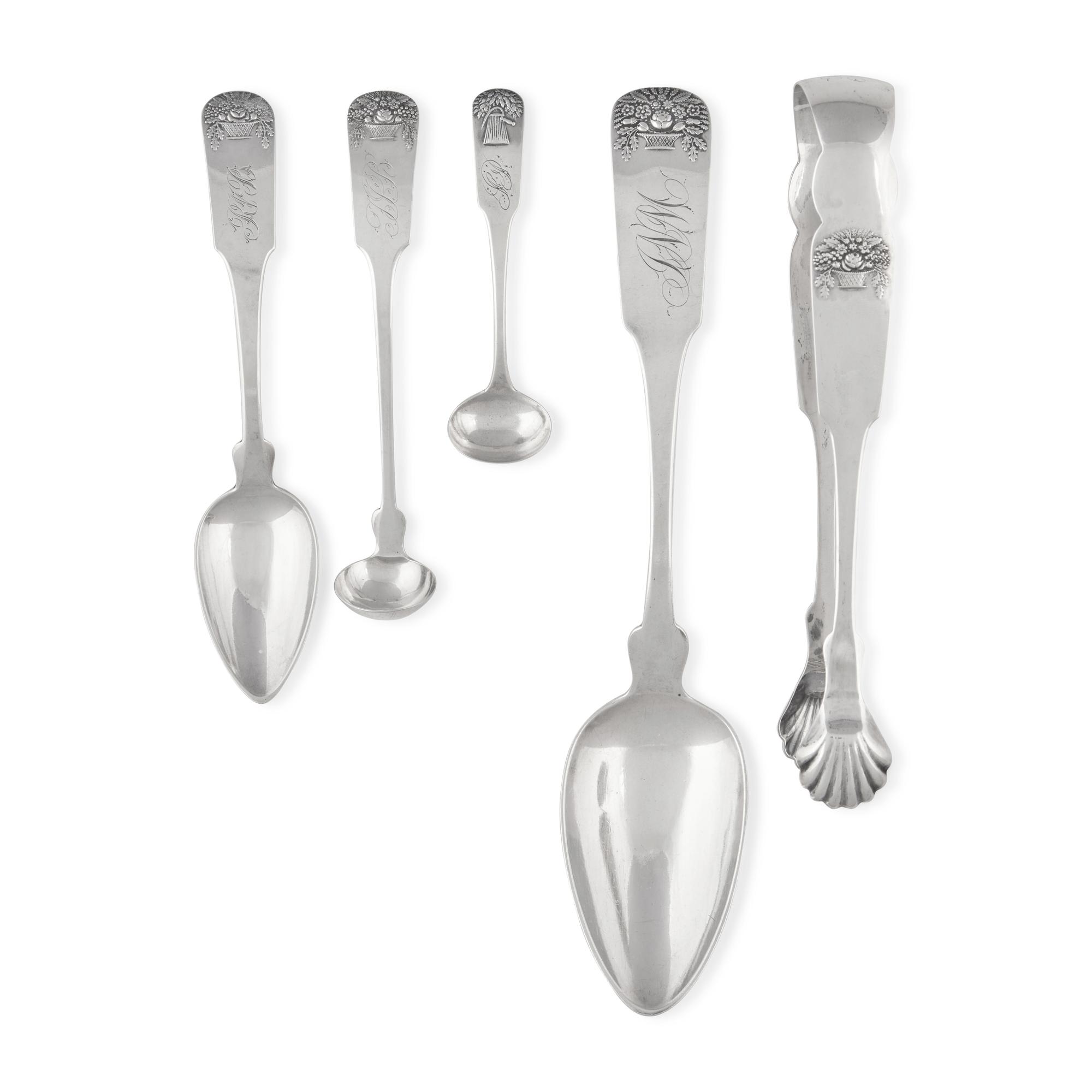 An Assembled Group of Coin Silver Fiddle-Back Flatware with Cast Flower Basket Handles