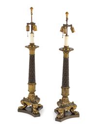 A Pair of Empire Style Gilt and Patinated Bronze Candlesticks