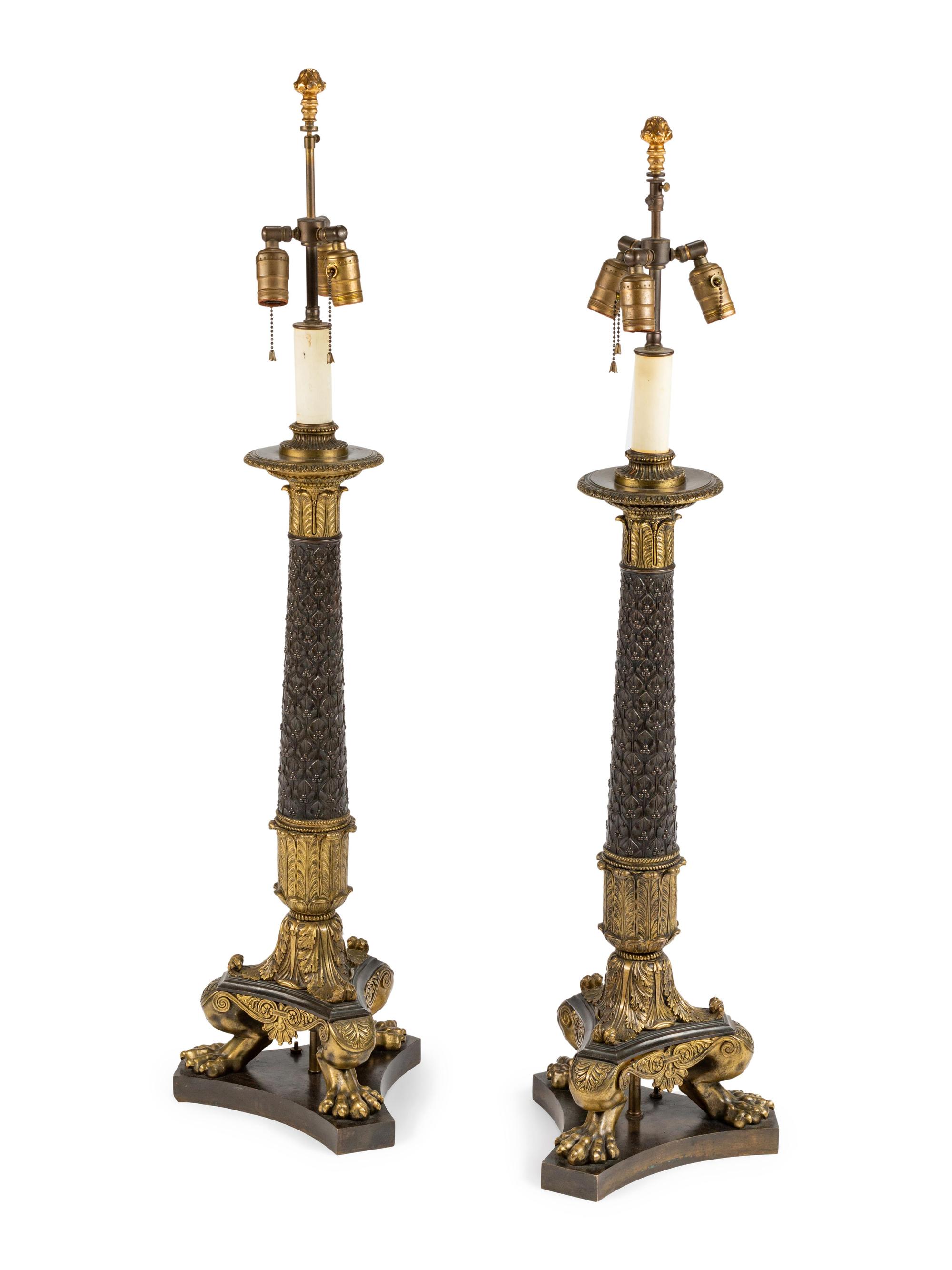 A Pair of Empire Style Gilt and Patinated Bronze Candlesticks