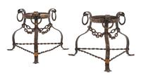 Style of Samuel Yellin (American, 1885-1940), FIRST HALF 20TH CENTURY, a pair of iron planters, each of tripod form with twisted iron s