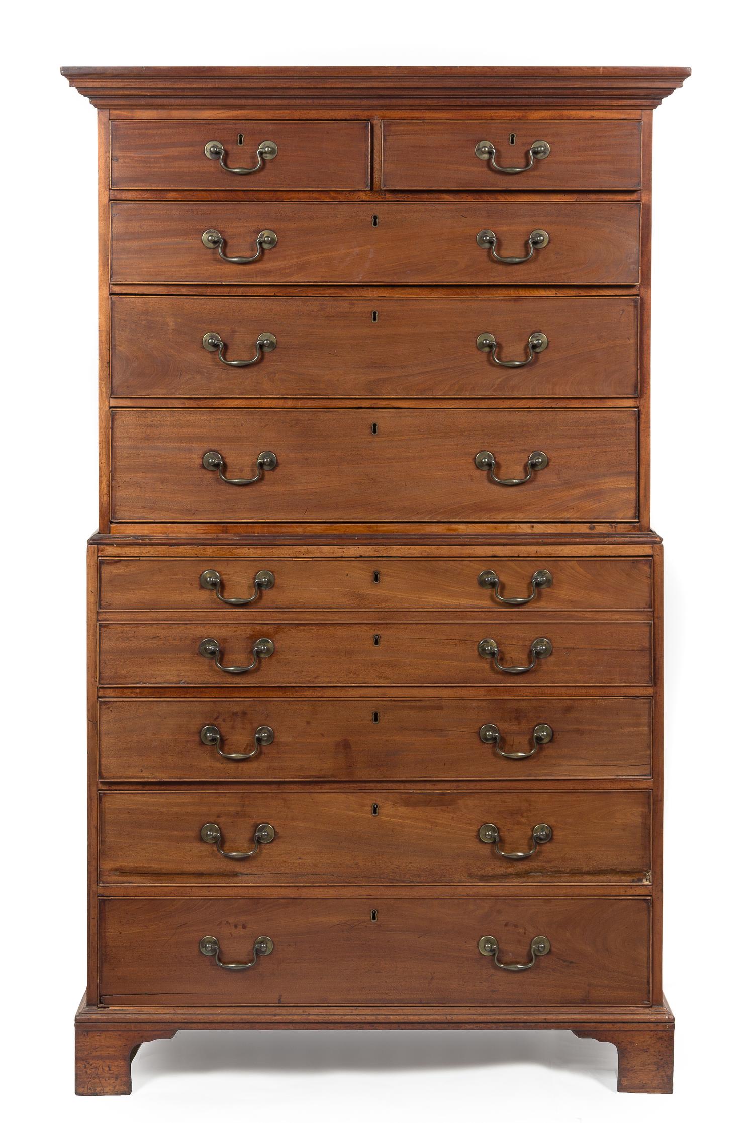 A George III Mahogany Secretary Chest on Chest Height 76 x width 42 x depth 21 3/4 inches. — LATE 18TH CENTURY