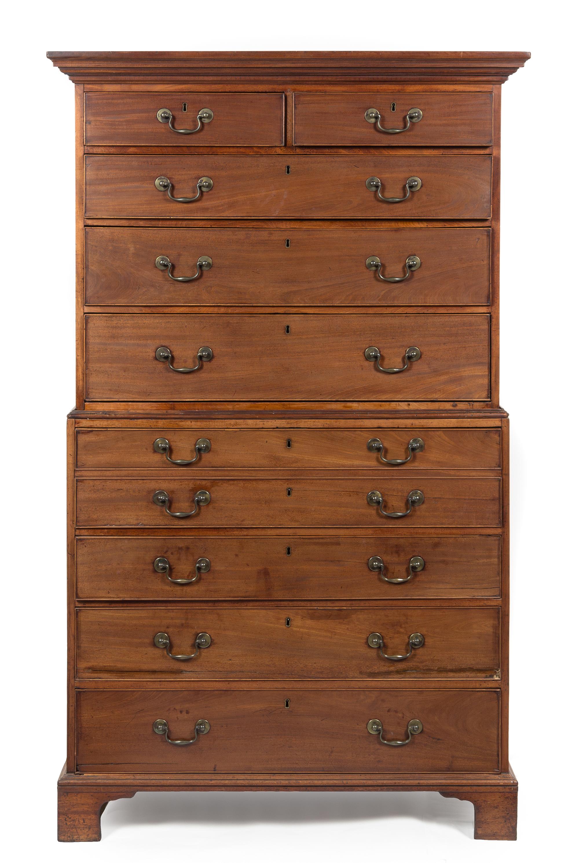 A George III Mahogany Secretary Chest on Chest Height 76 x width 42 x depth 21 3/4 inches. — LATE 18TH CENTURY