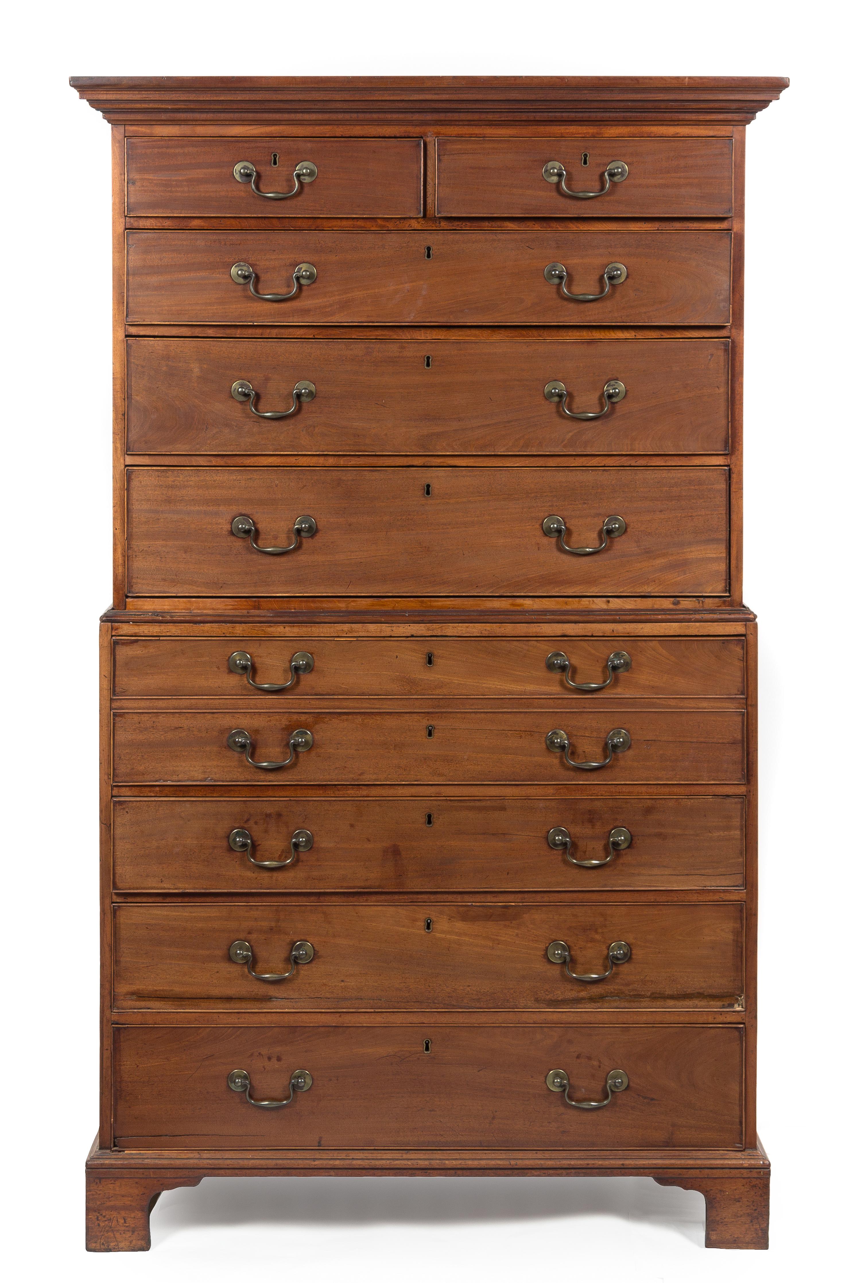 A George III Mahogany Secretary Chest on Chest Height 76 x width 42 x depth 21 3/4 inches. — LATE 18TH CENTURY