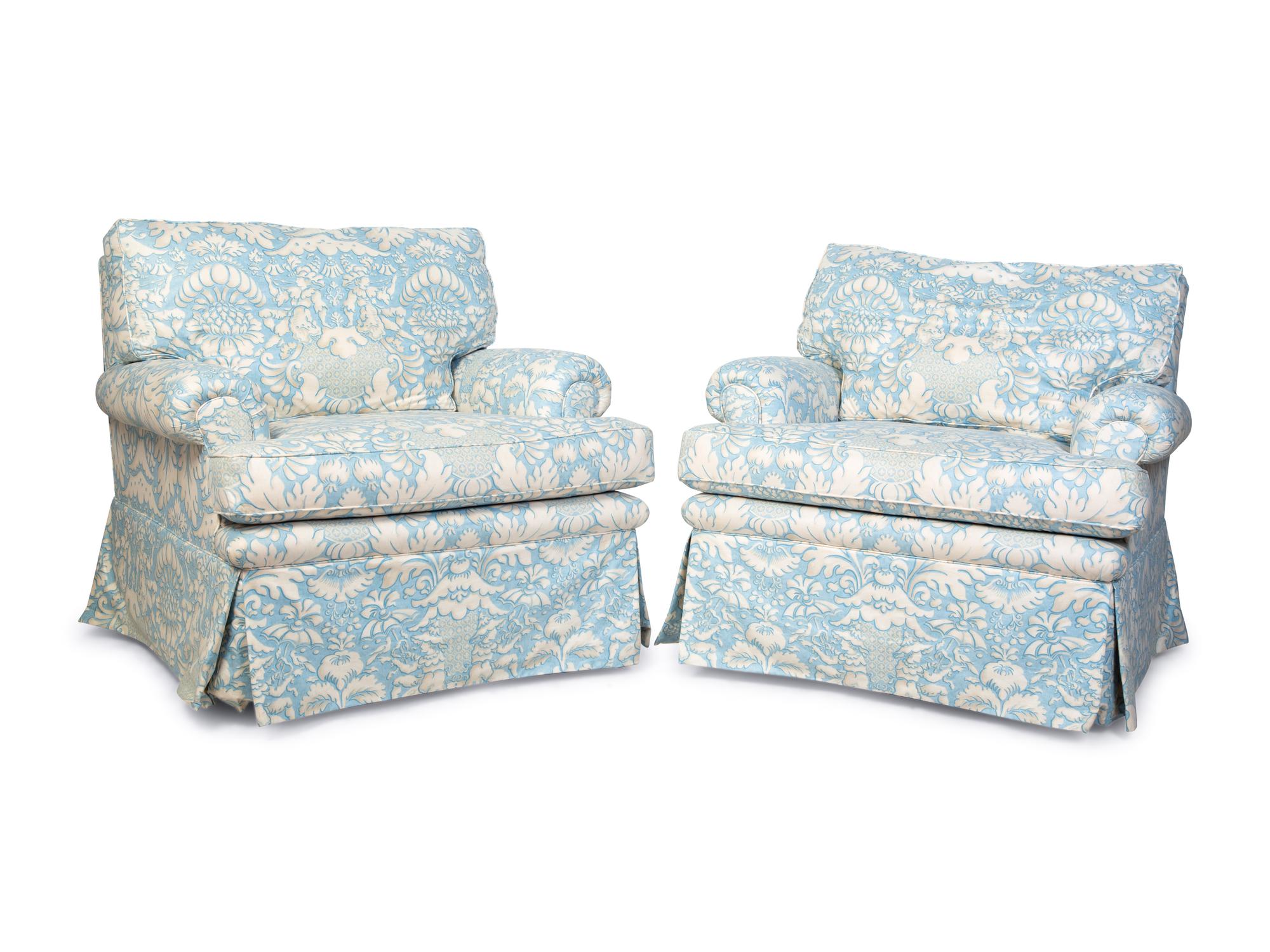 A Pair of Blue and White Upholstered Club Chairs — 20TH CENTURY