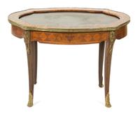 A Louis XV Style Marquetry Inlaid Marble Inset Top Side Table Height 19 3/4 x width 29 3/4 x diameter 21 inches. — 19TH CENTURY