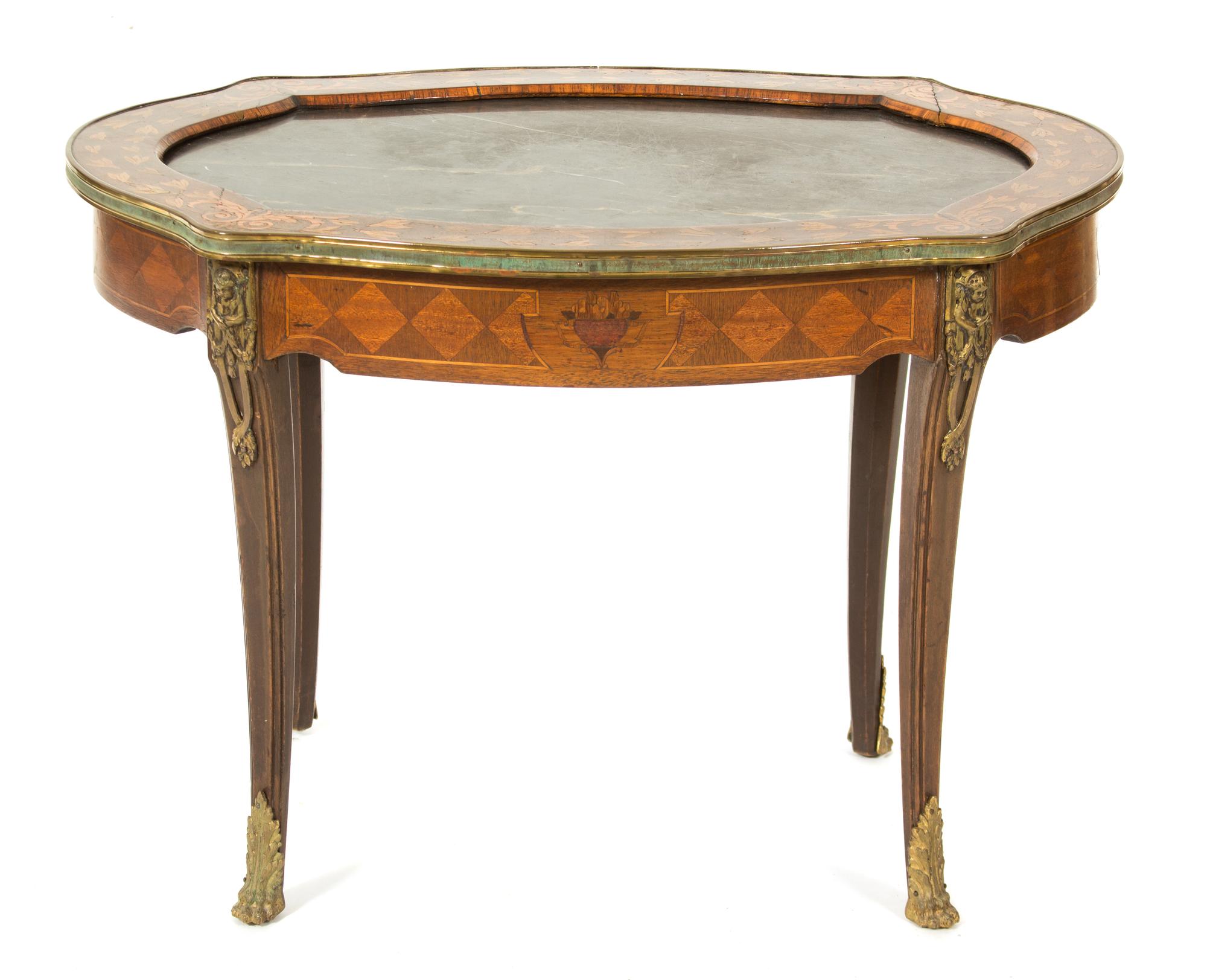 A Louis XV Style Marquetry Inlaid Marble Inset Top Side Table Height 19 3/4 x width 29 3/4 x diameter 21 inches. — 19TH CENTURY