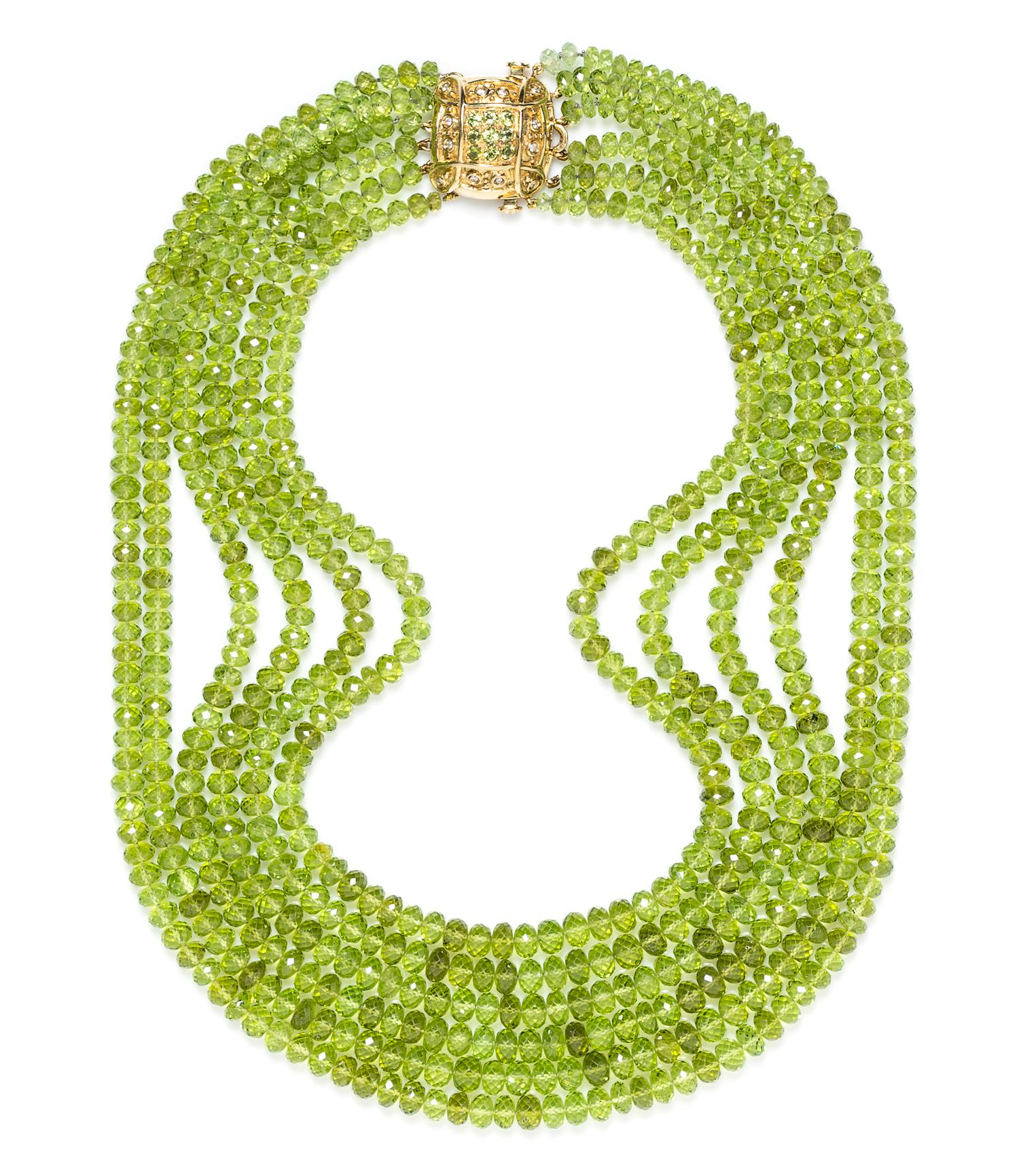An 18 Karat Yellow Gold, Diamond and Peridot Multi Strand Necklace, Laura Munder,
