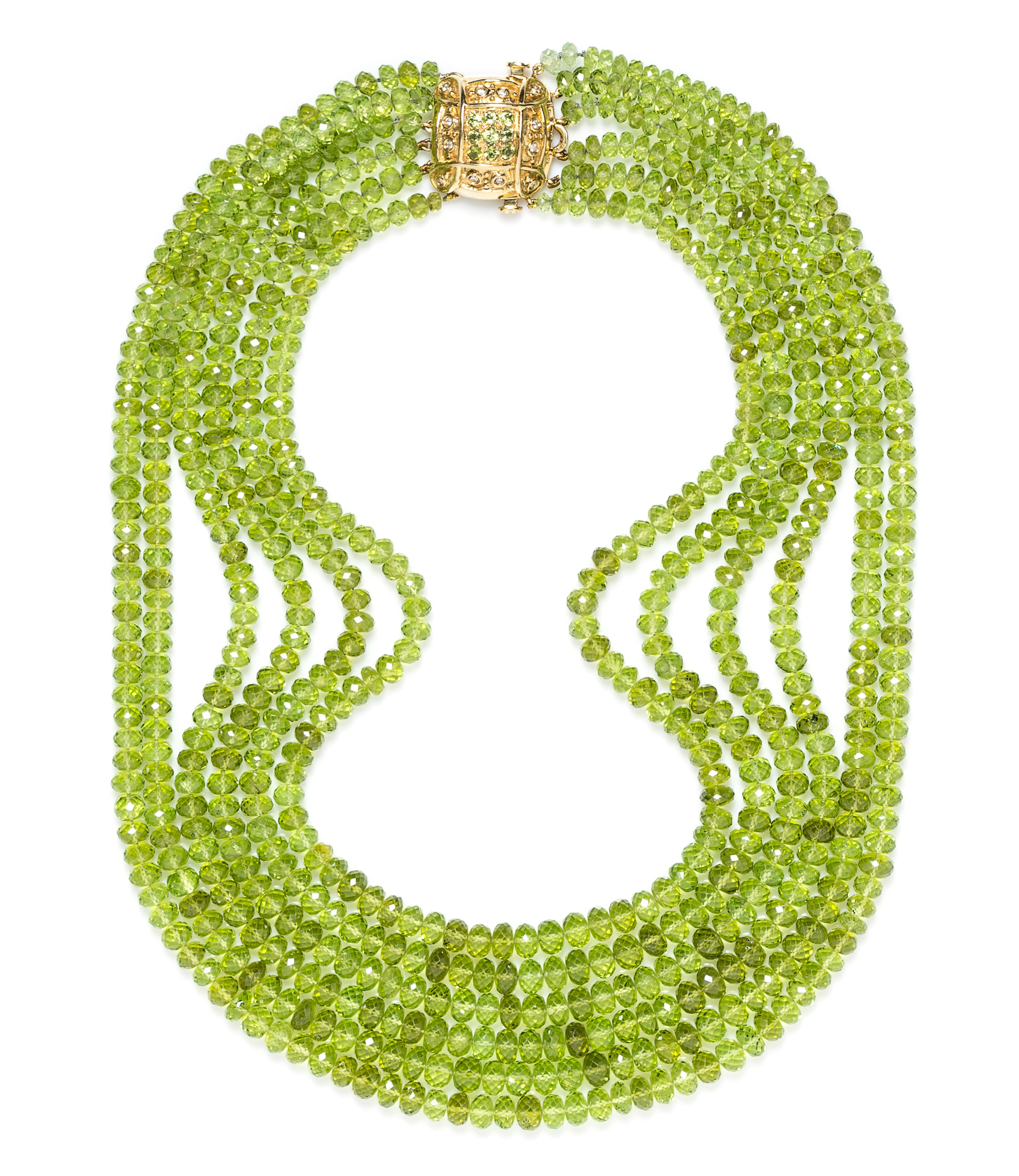 An 18 Karat Yellow Gold, Diamond and Peridot Multi Strand Necklace, Laura Munder,
