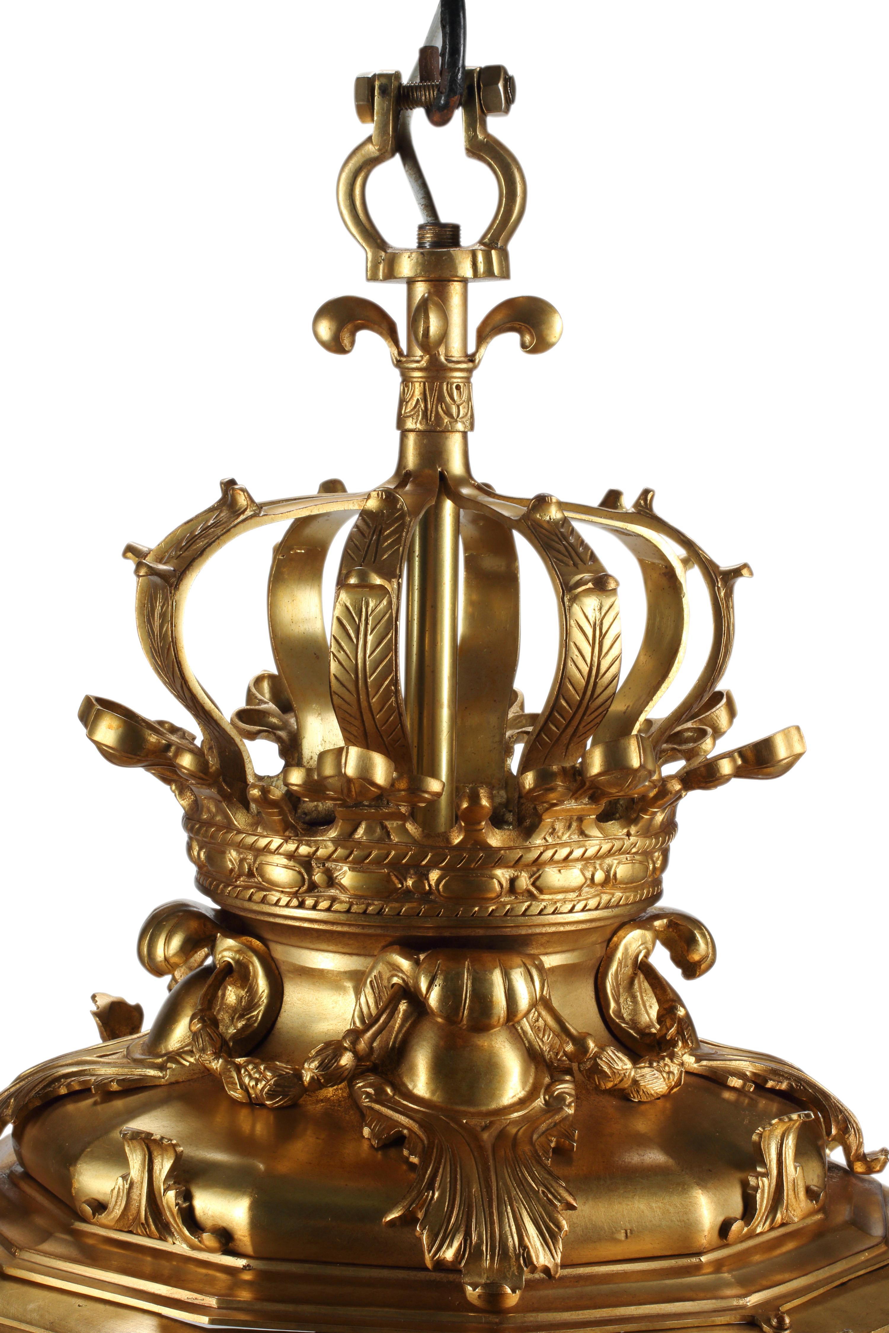 A Pair of Louis XVI Style Gilt Bronze and Etched Glass Hall Lanterns