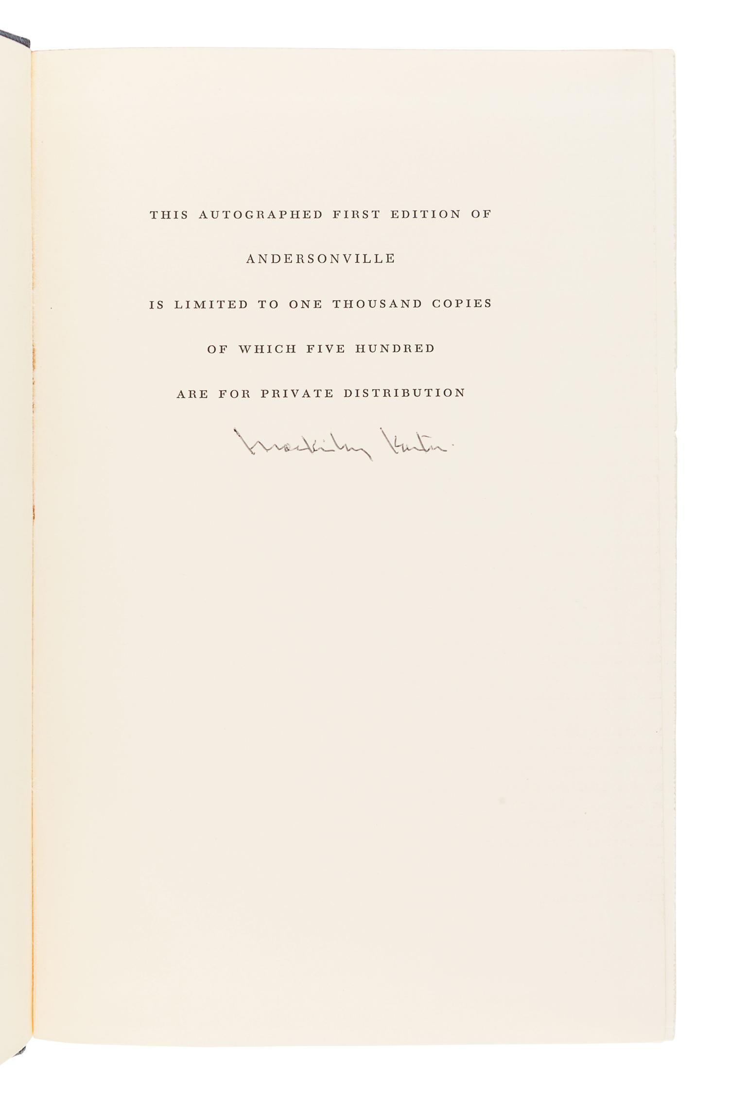 [CIVIL WAR]. KANTOR, MacKinlay (1904-1977). Andersonville . Cleveland and New York: The World Publishing Company, 1955.