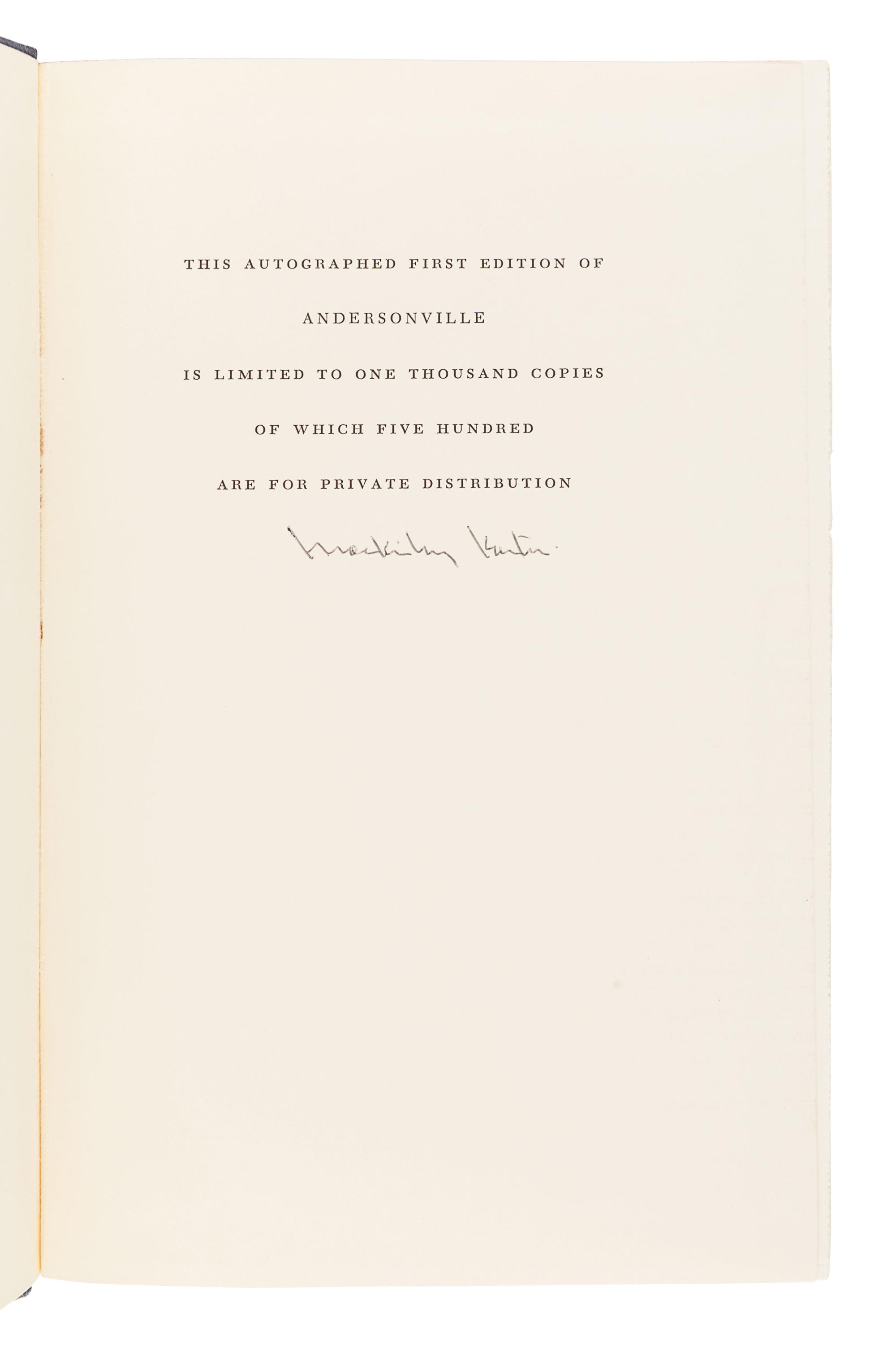 [CIVIL WAR]. KANTOR, MacKinlay (1904-1977). Andersonville . Cleveland and New York: The World Publishing Company, 1955.