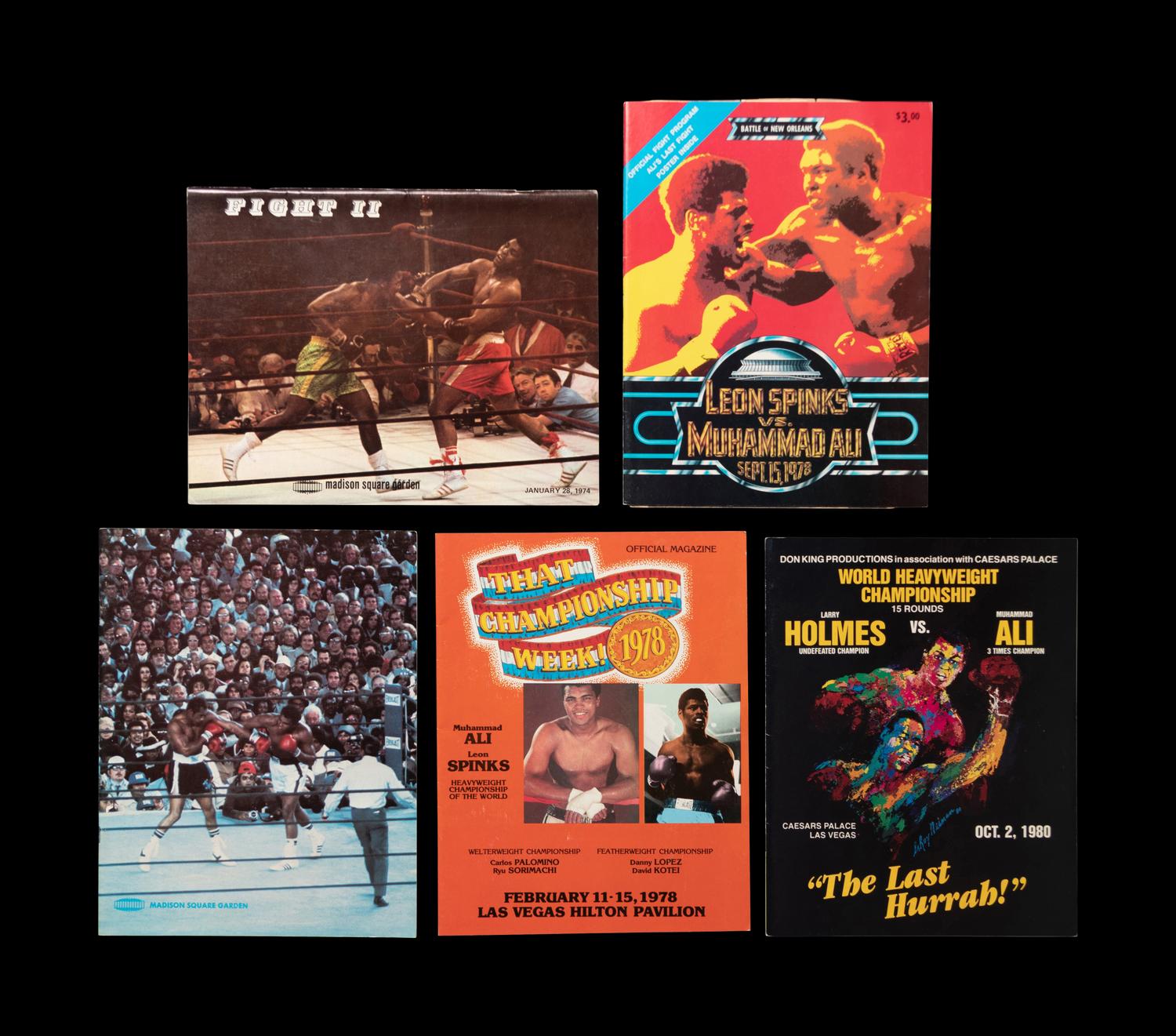 A Group of Five Muhammad Ali On Site Boxing Programs, Press Badge, Ticket and One Superman D.C. Comic Book,