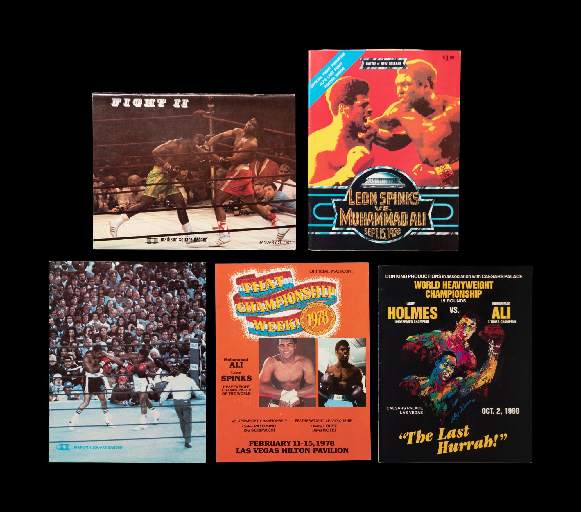 A Group of Five Muhammad Ali On Site Boxing Programs, Press Badge, Ticket and One Superman D.C. Comic Book,