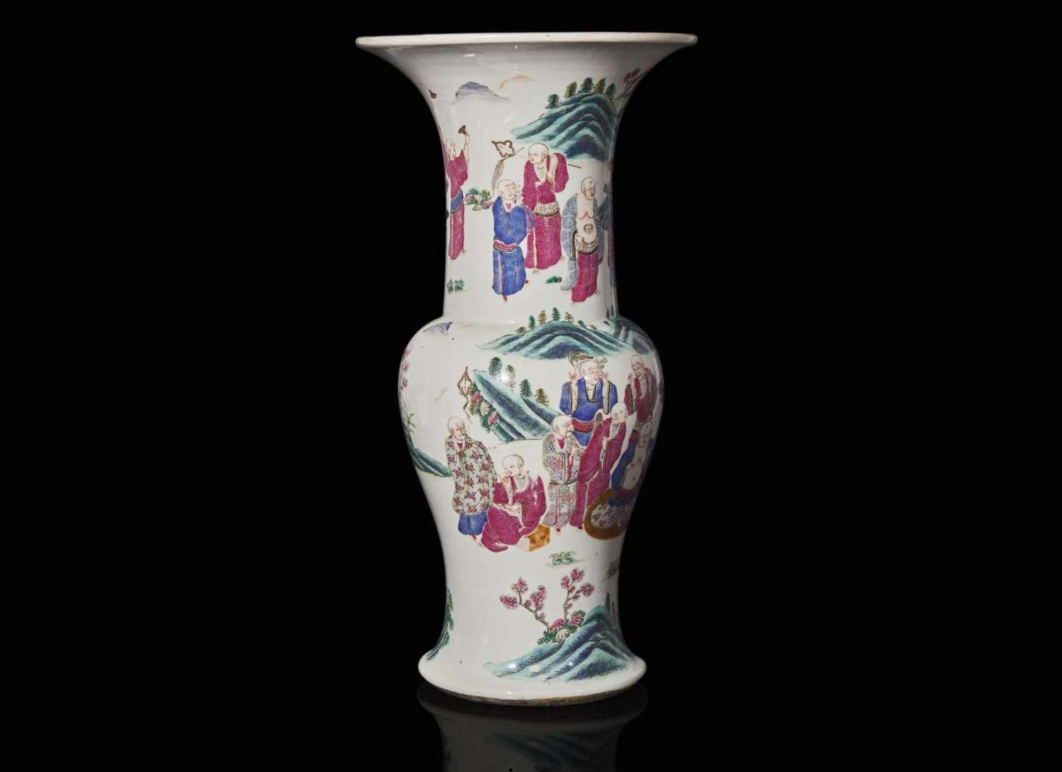 A Chinese famille rose-decorated "Lohans" "Phoenix-tail" vase, Qing dynasty, 19th century 粉彩通景羅漢鳳尾尊 清 十九世紀