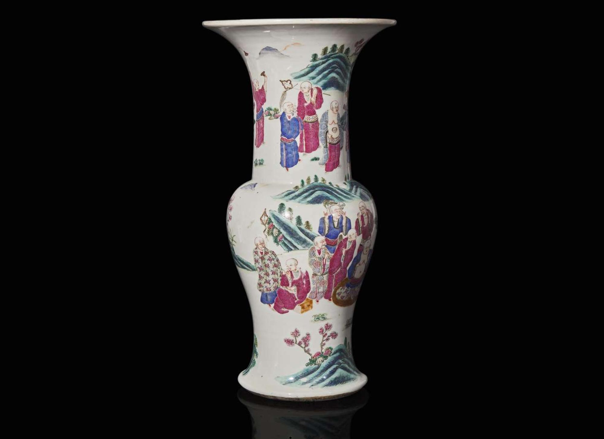 A Chinese famille rose-decorated "Lohans" "Phoenix-tail" vase, Qing dynasty, 19th century 粉彩通景羅漢鳳尾尊 清 十九世紀
