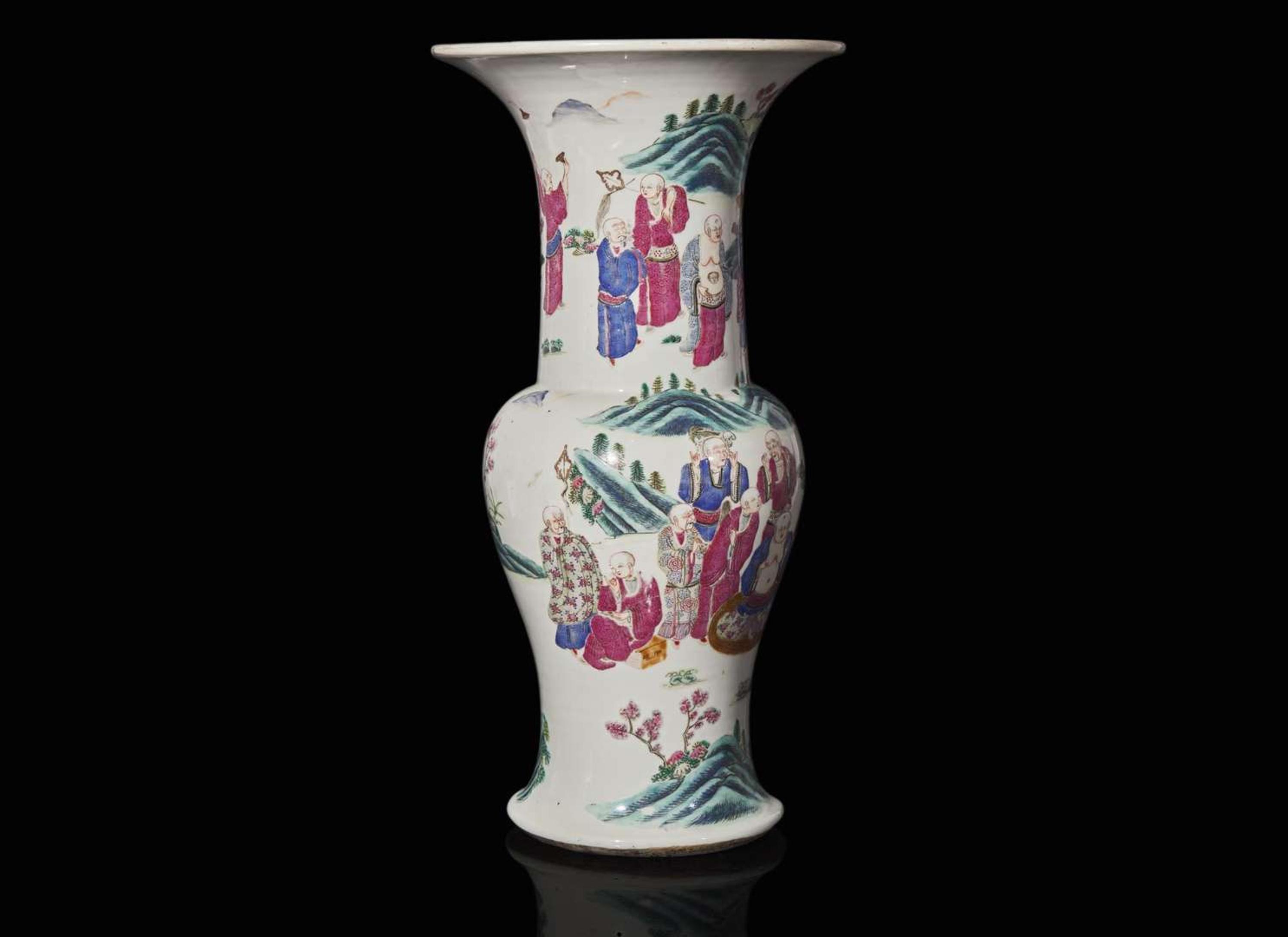 A Chinese famille rose-decorated "Lohans" "Phoenix-tail" vase, Qing dynasty, 19th century 粉彩通景羅漢鳳尾尊 清 十九世紀