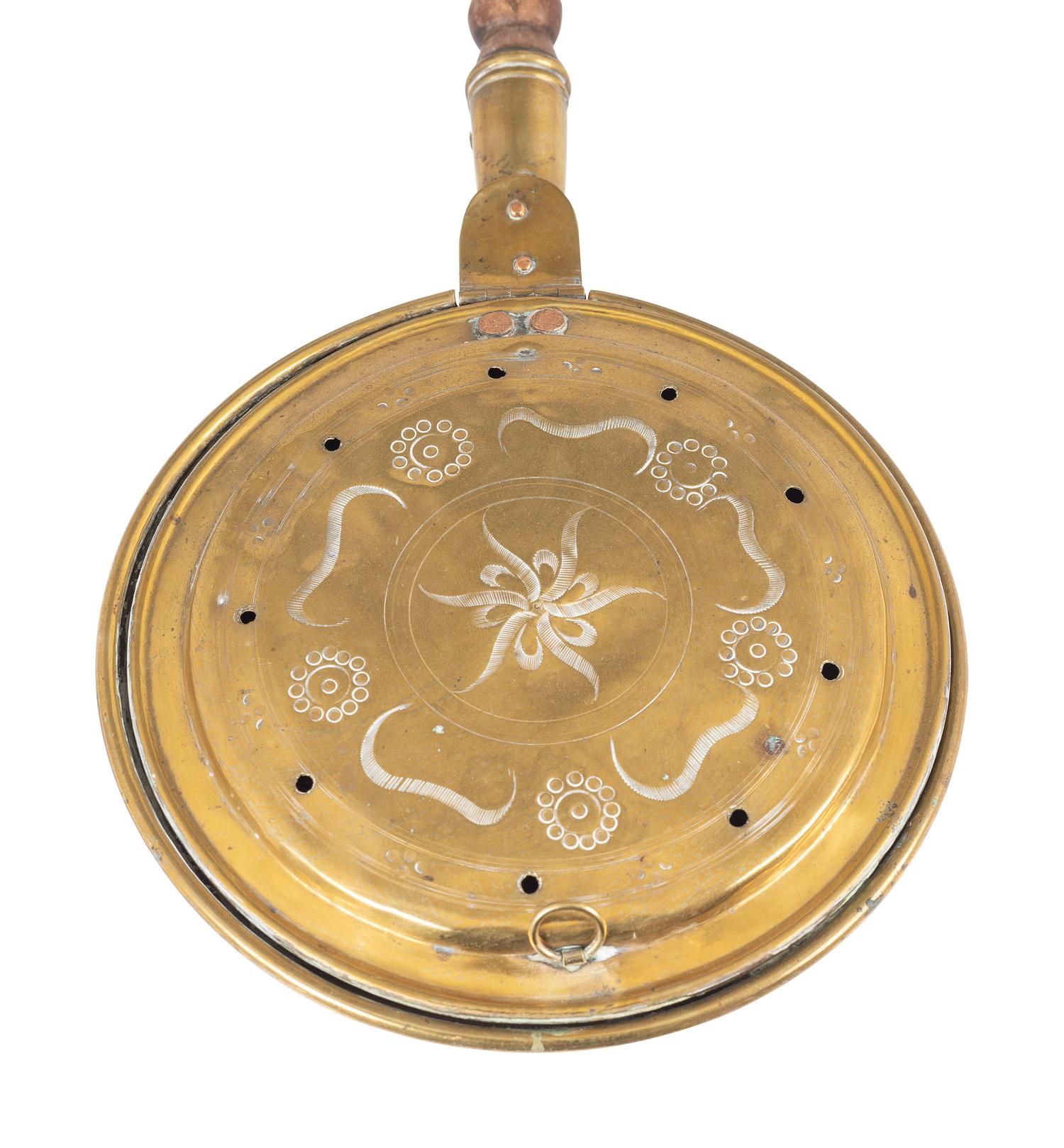 Three Engraved Brass and Turned Walnut Bed Warmers