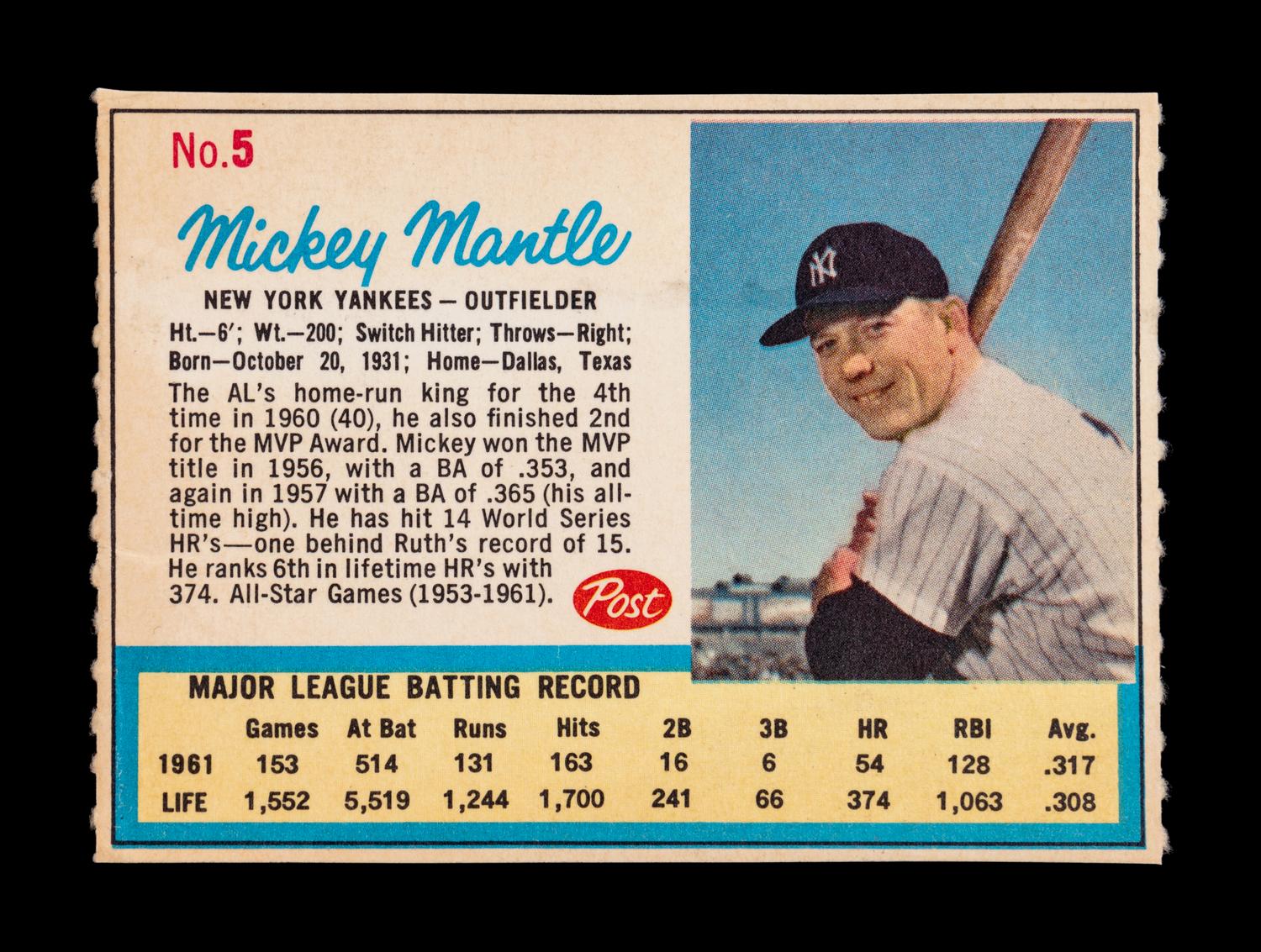 A 1962 Post Cereal Mickey Mantle Baseball Card No. 5 (AD BACK)
