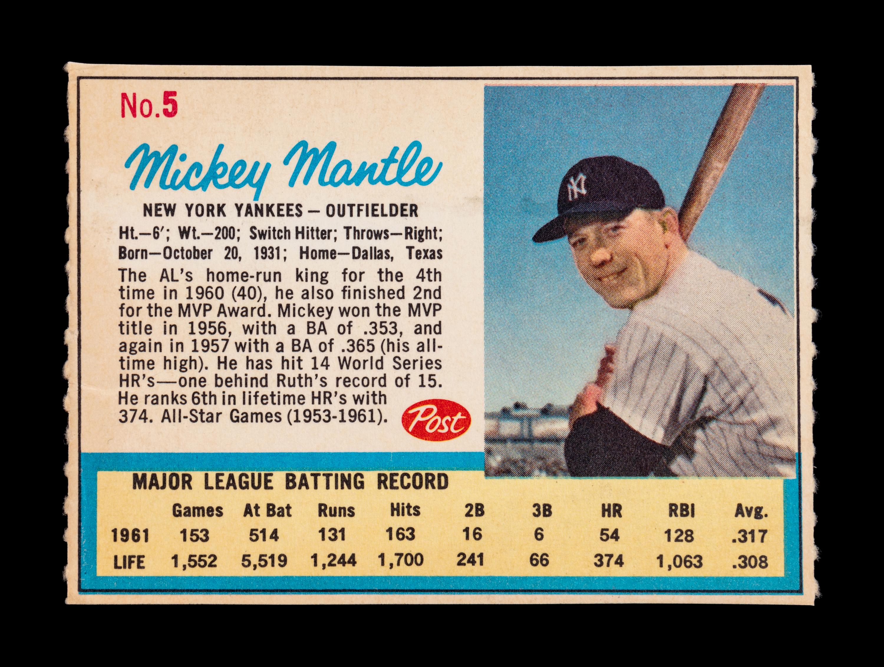 A 1962 Post Cereal Mickey Mantle Baseball Card No. 5 (AD BACK)
