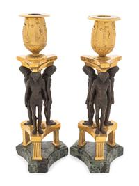 A Pair of French Egyptian Revival Bronze and Marble Candlesticks