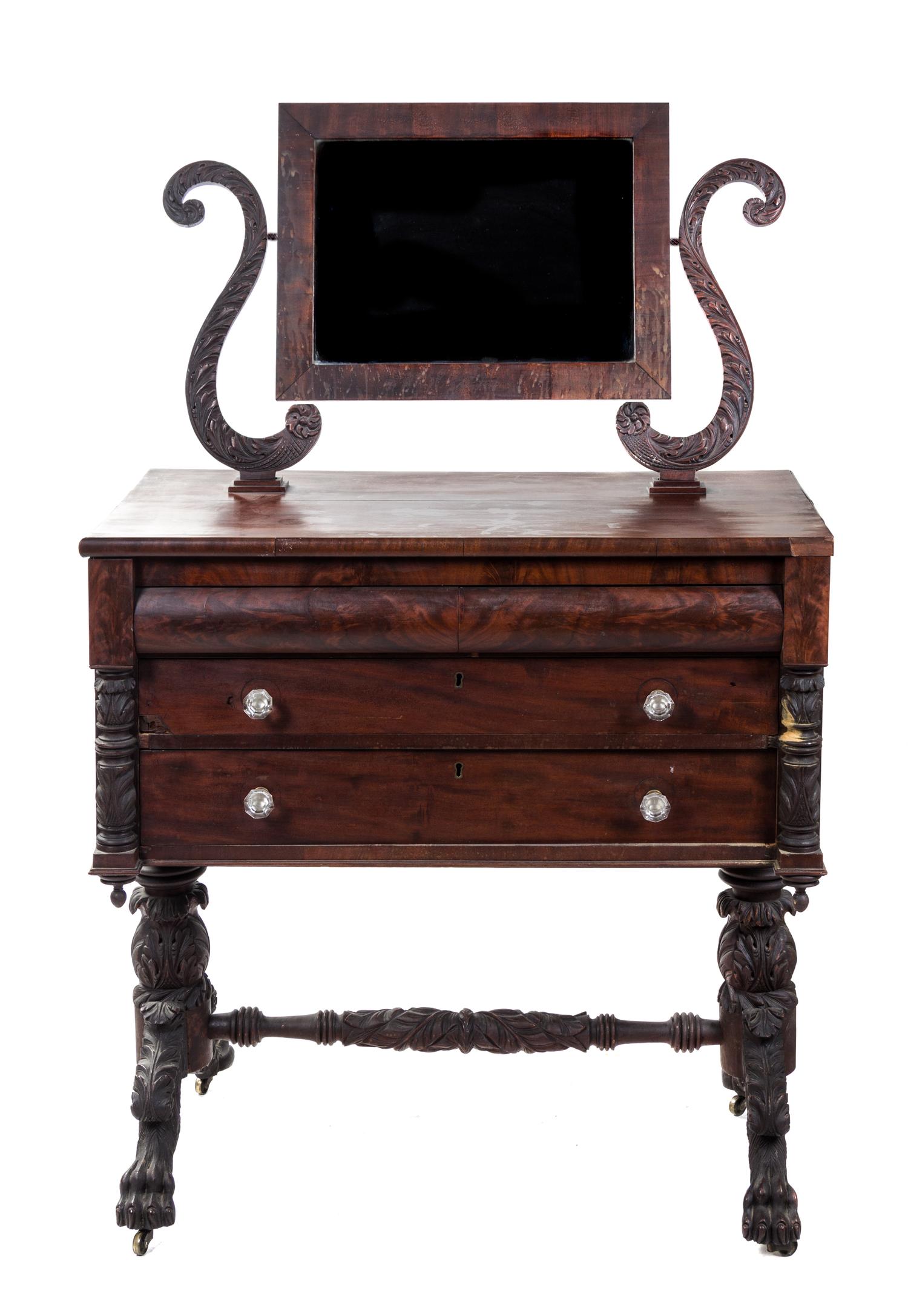 An American Classical Mahogany Dressing Chest on Stand Height 58 1/2 width 36 x depth 19 3/4 inches.