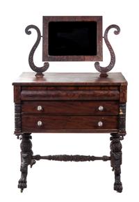 An American Classical Mahogany Dressing Chest on Stand Height 58 1/2 width 36 x depth 19 3/4 inches.