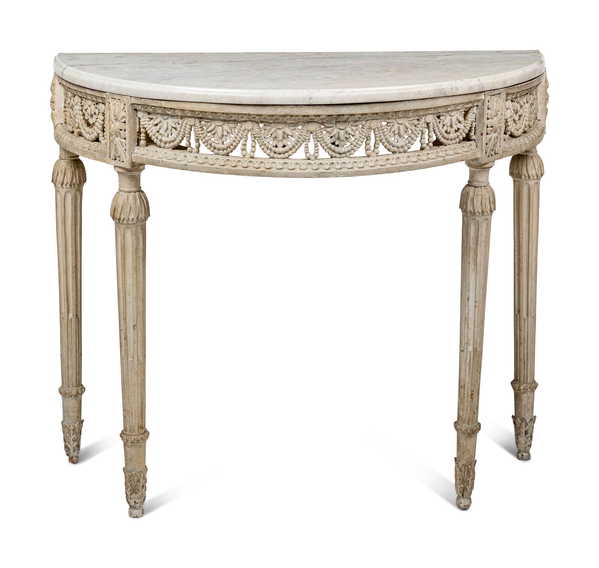 A Louis XVI White-Painted Marble-Top Console Table