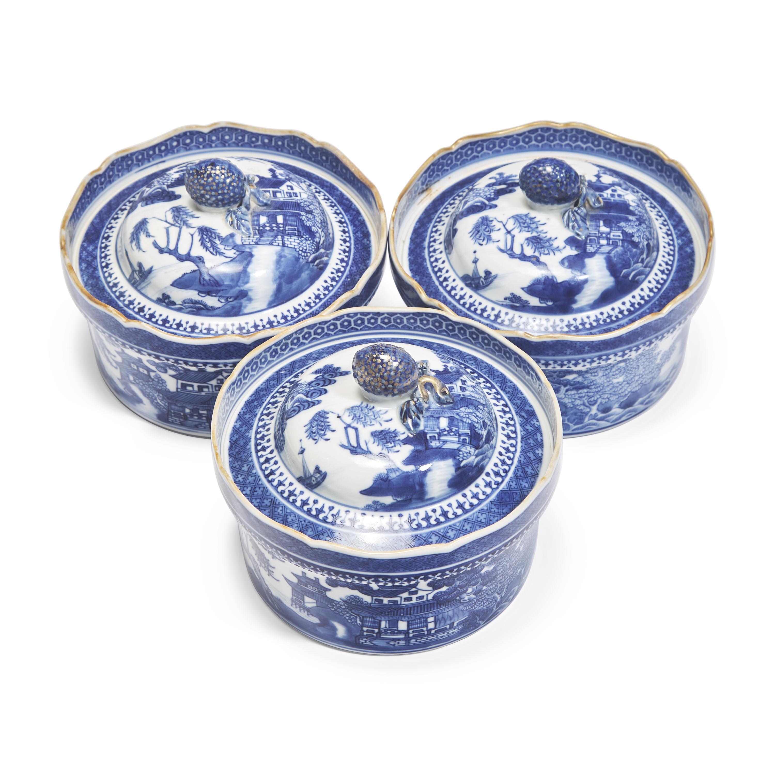Three Chinese Export Porcelain Blue Fitzhugh Butter Tubs and Covers