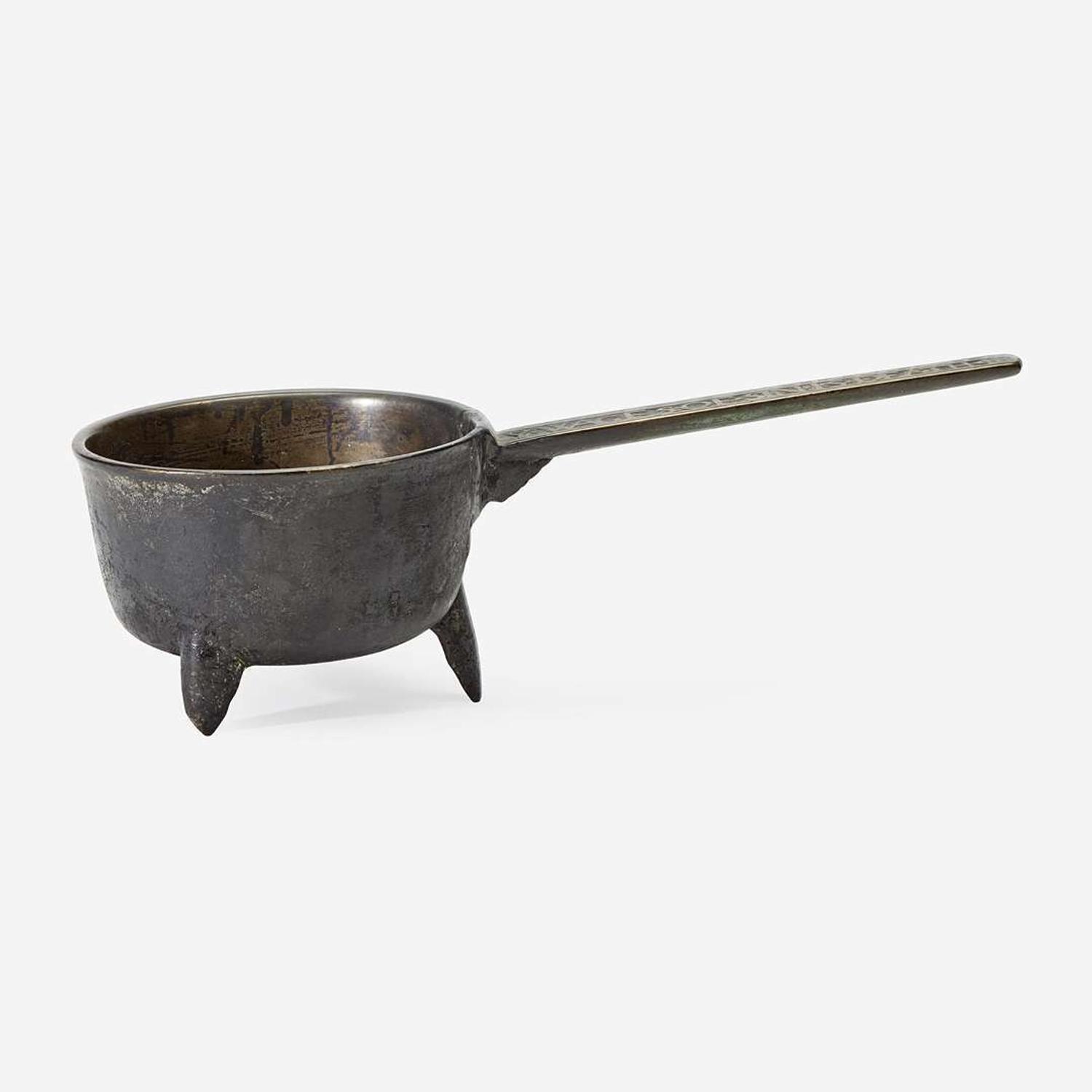 An English Bronze Skillet, Inscribed 'Wages of Sin is Death' 18th century