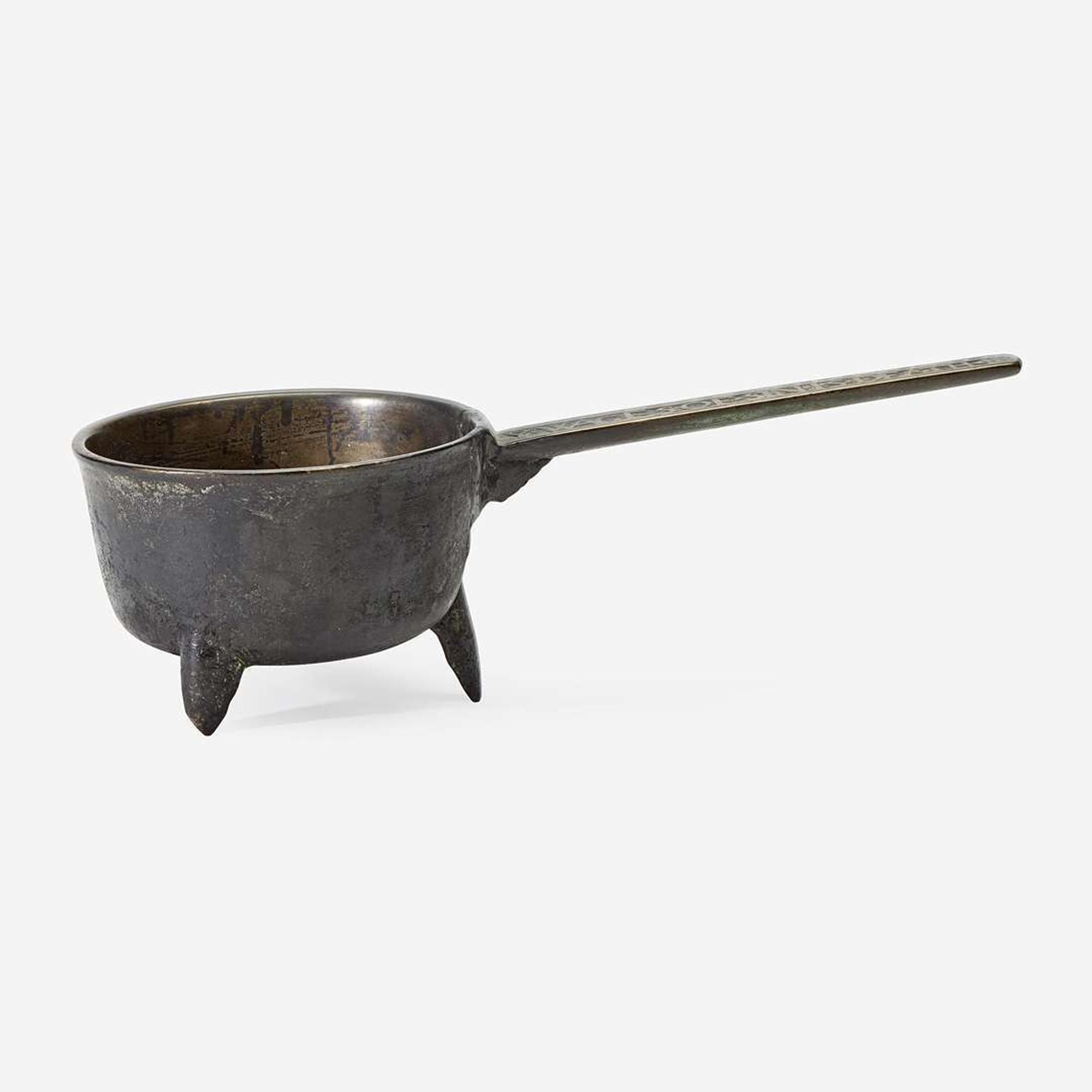 An English Bronze Skillet, Inscribed 'Wages of Sin is Death' 18th century