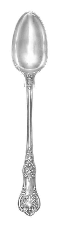 A Victorian Silver Serving Spoon, George William Adams, London, 1845, having a rocaille, acanthus and C-scroll decorated handle engrave