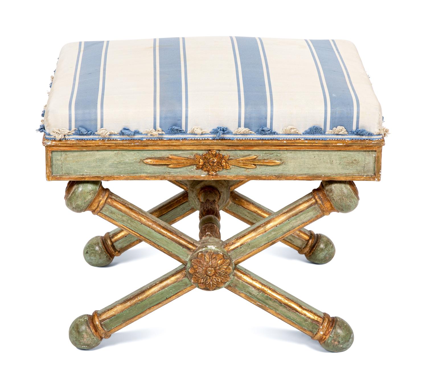 A North Italian Neoclassical Painted and Parcel-Gilt Stool