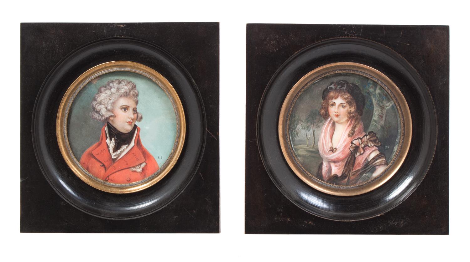 A Pair of Continental Portrait Miniatures Height 5 1/4 inches.