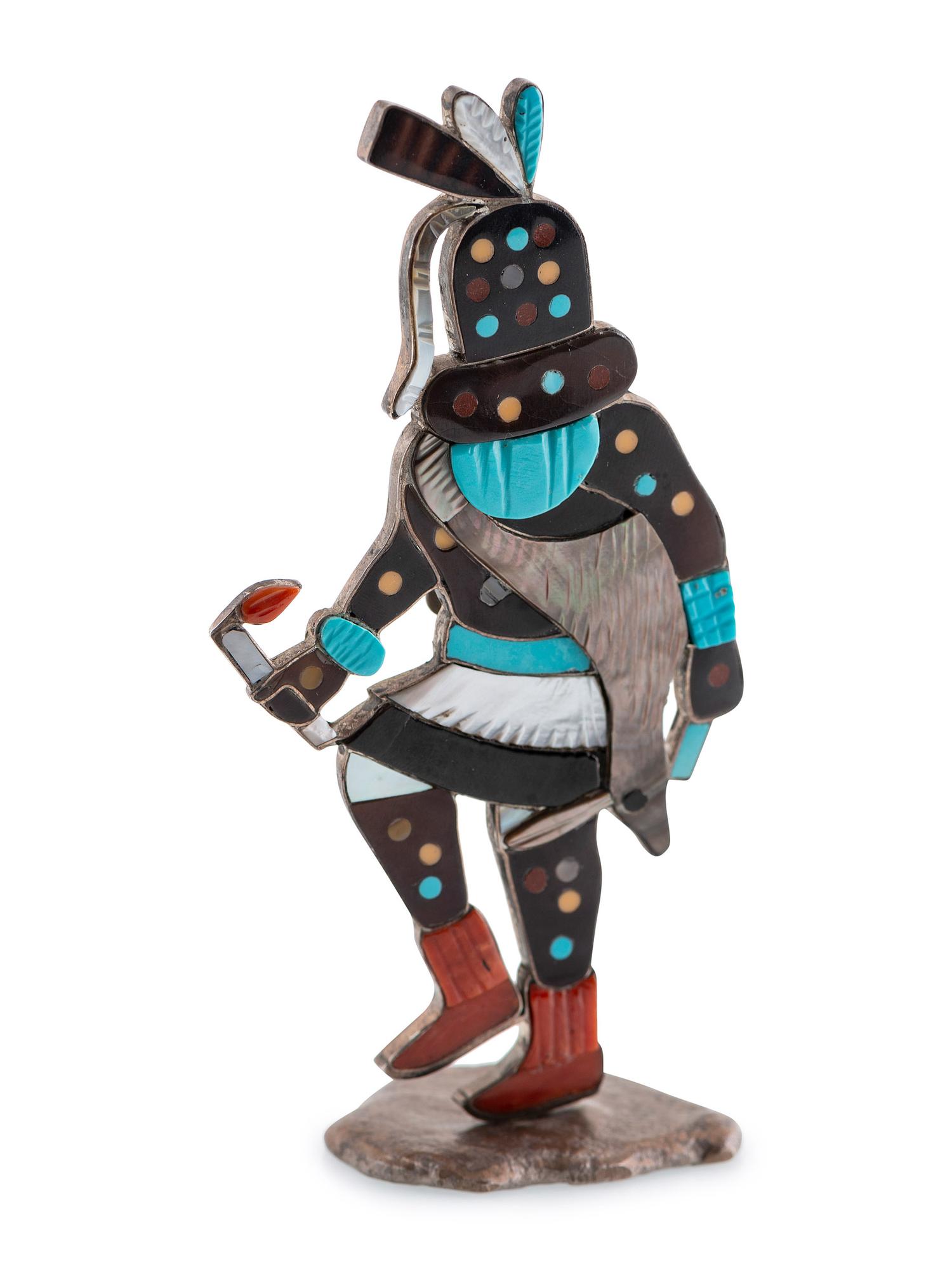 Silver and Mosaic Inlay Fire God Katsina Bolo Slide, with Stand
