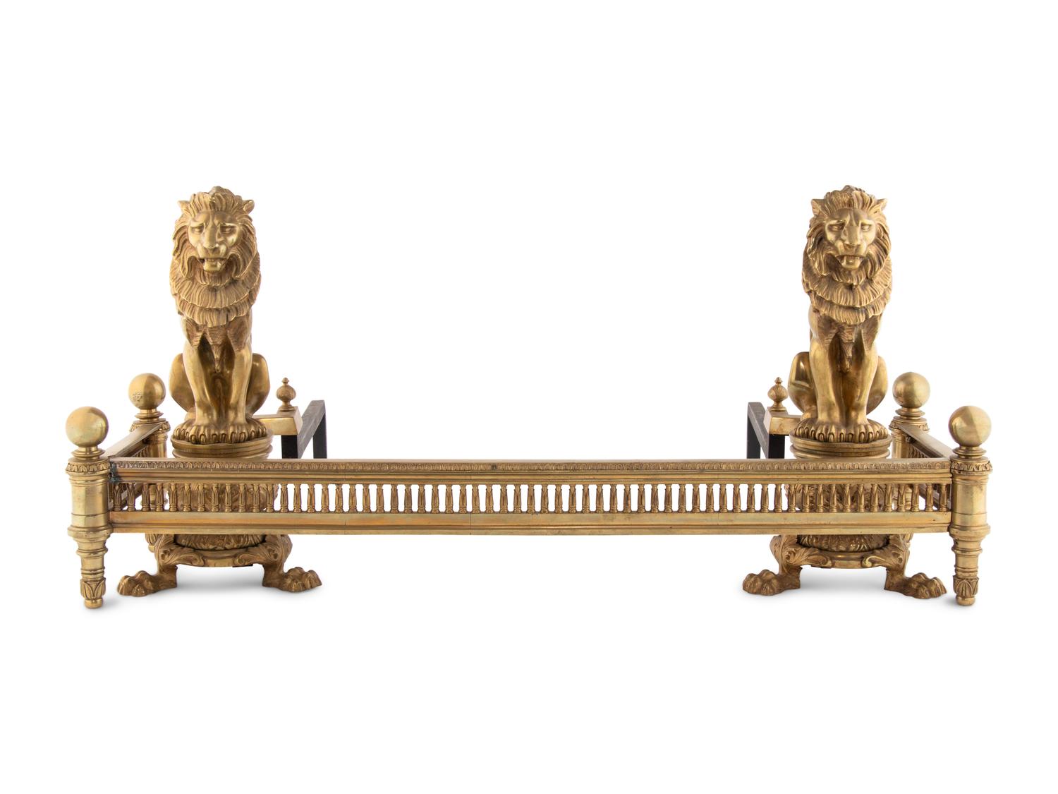 A Pair of American Gilt Bronze 'Lion Sejant' Andirons