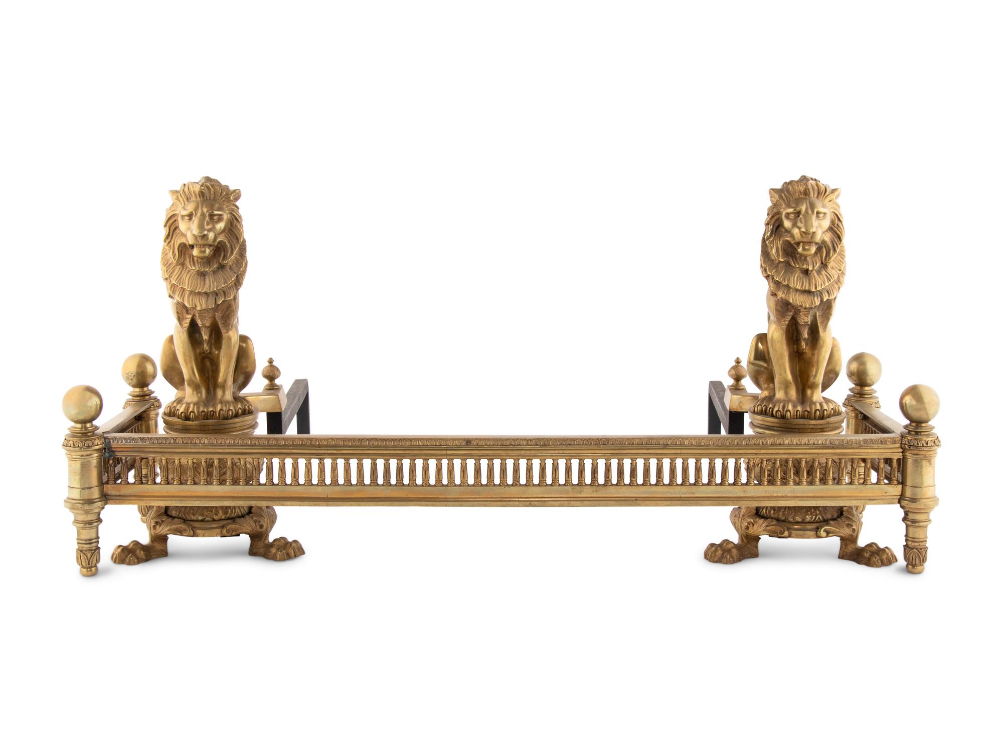 A Pair of American Gilt Bronze 'Lion Sejant' Andirons