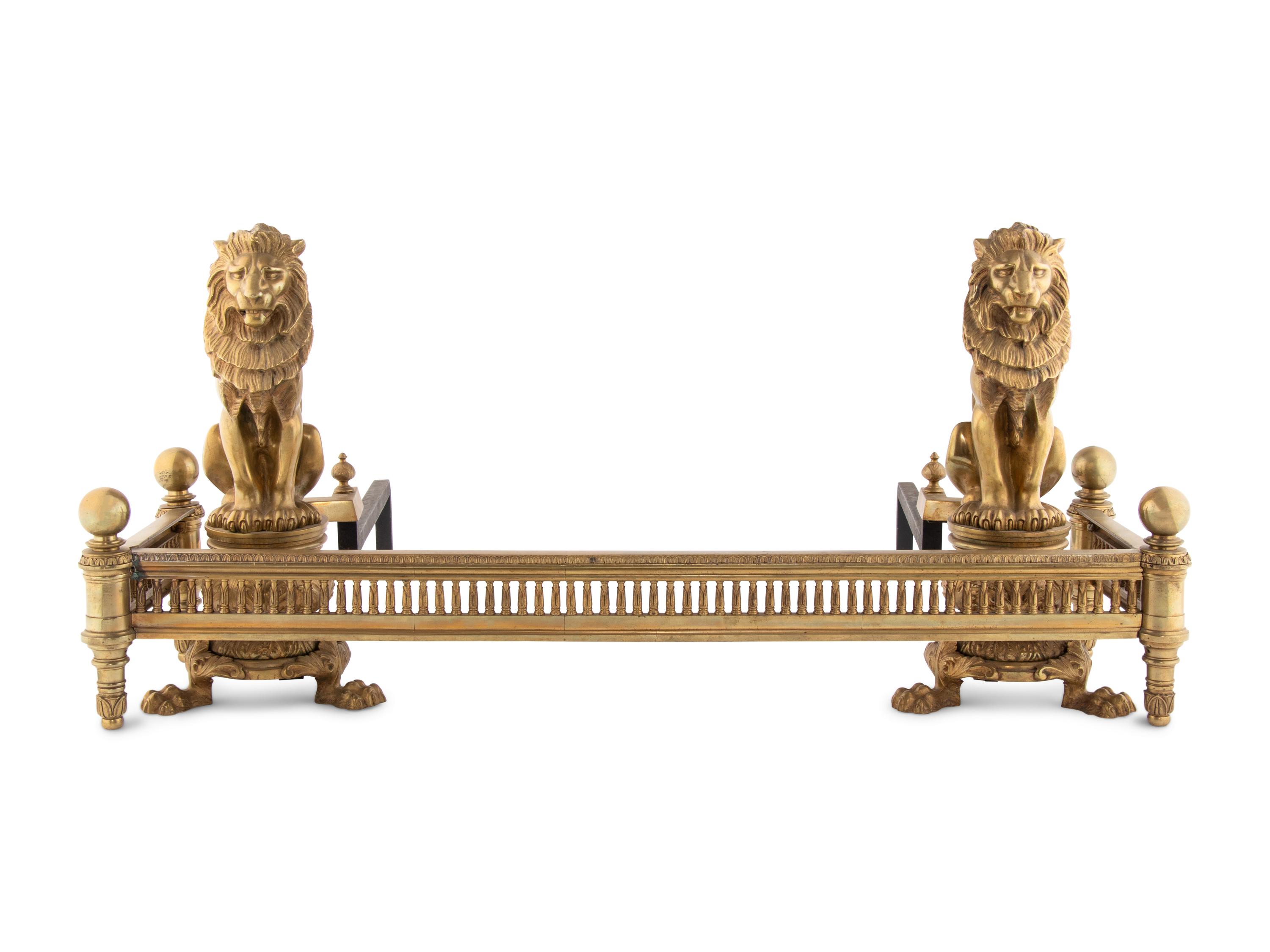A Pair of American Gilt Bronze 'Lion Sejant' Andirons