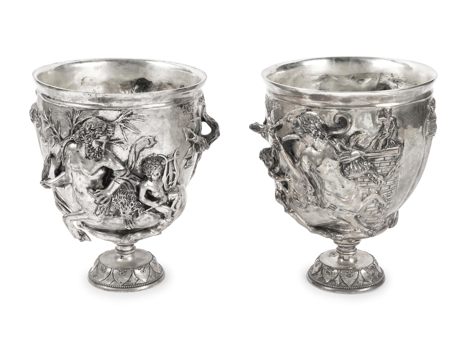 A Pair of Silvered Bronze Chalices After Vincenzo Gemito
