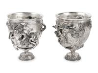 A Pair of Silvered Bronze Chalices After Vincenzo Gemito