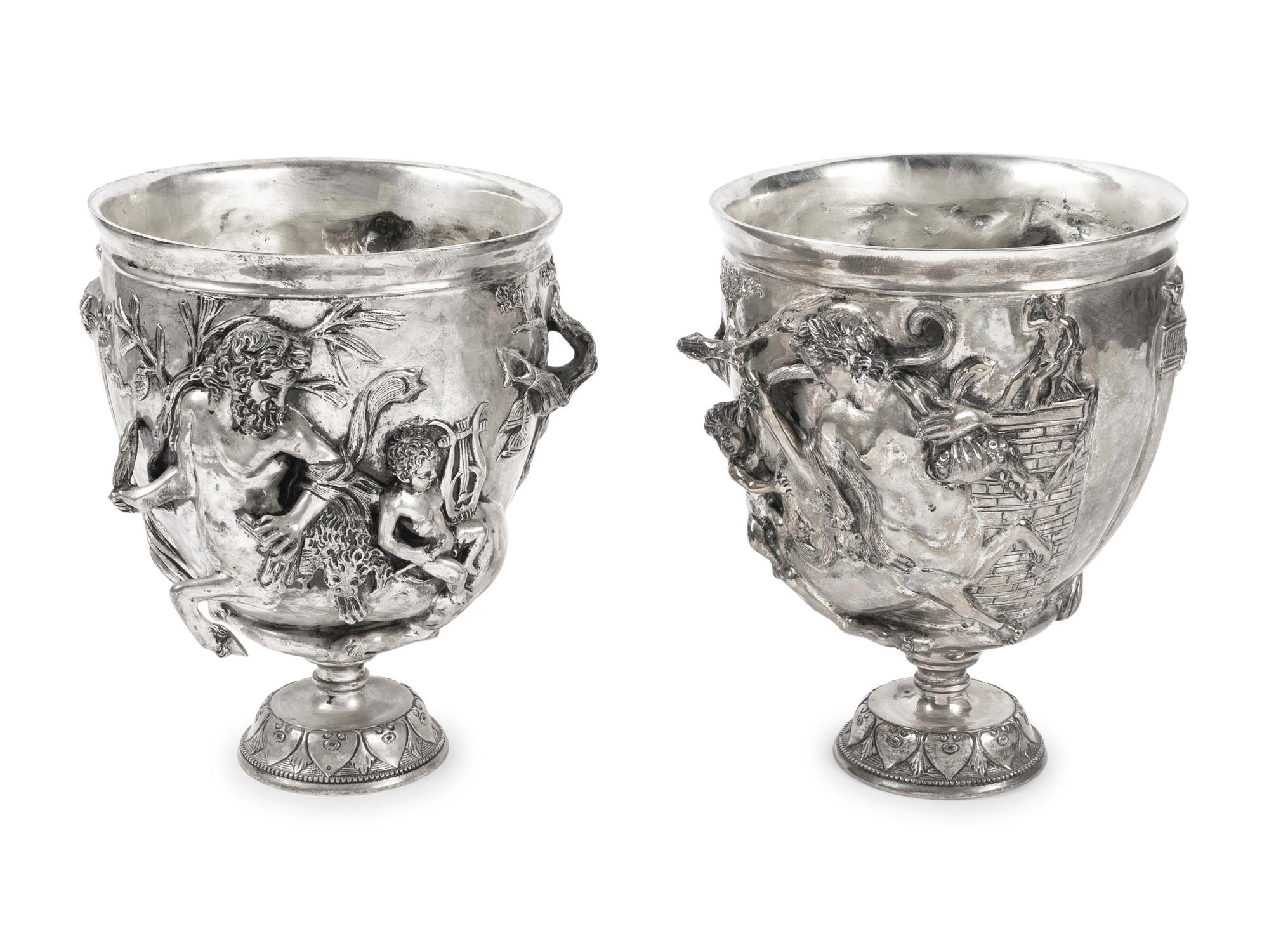 A Pair of Silvered Bronze Chalices After Vincenzo Gemito