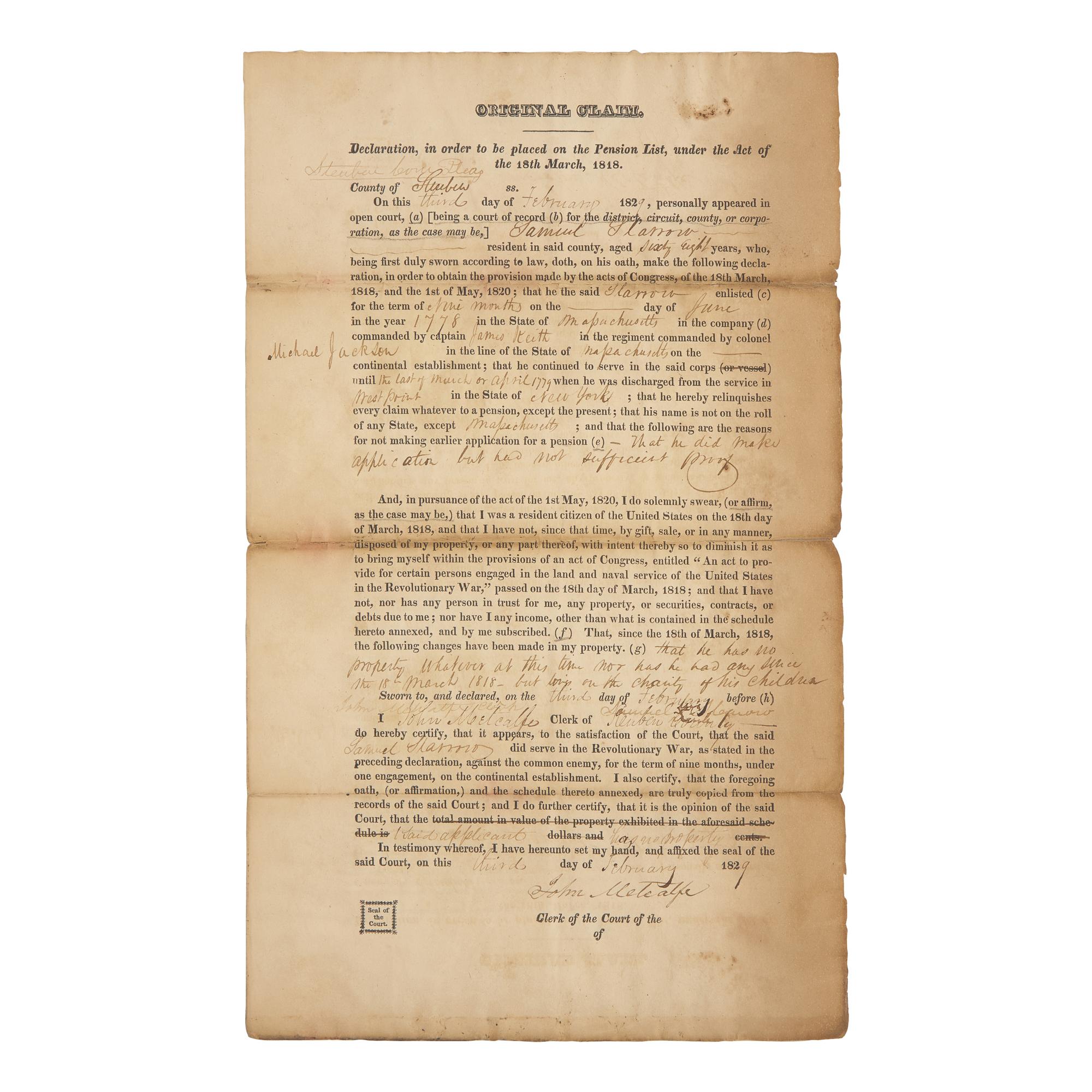 [American Revolution] Group of 2 Documents Related to Revolutionary War Pensions: For a Soldier who Helped Establish West Point Military Academy and a Soldier who Defended West Point as a Fortress