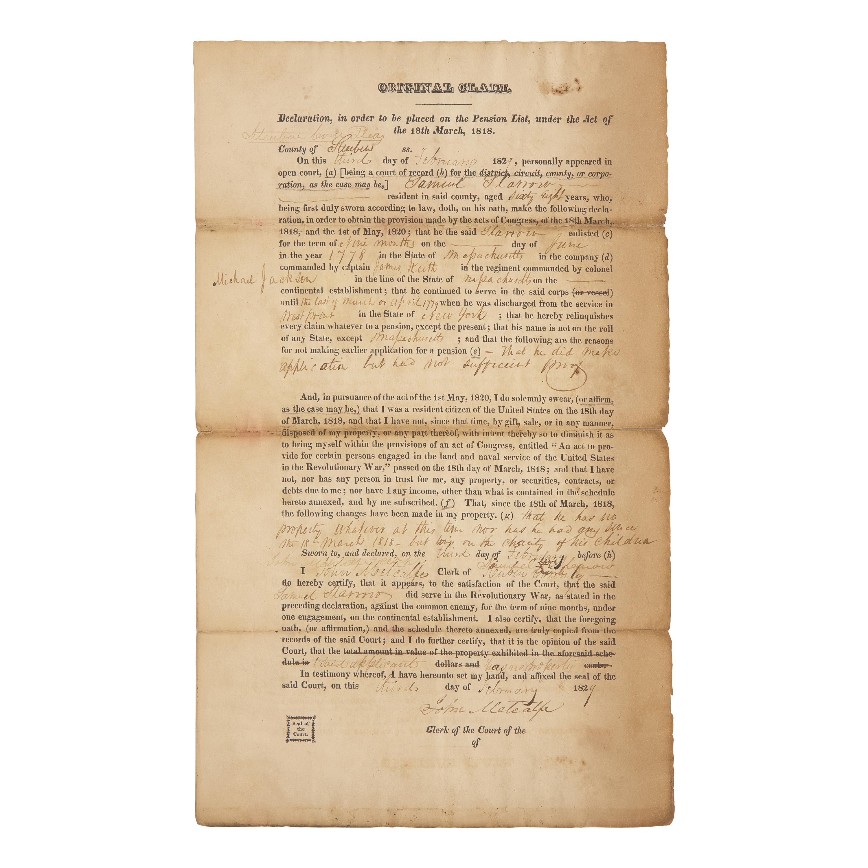 [American Revolution] Group of 2 Documents Related to Revolutionary War Pensions: For a Soldier who Helped Establish West Point Military Academy and a Soldier who Defended West Point as a Fortress