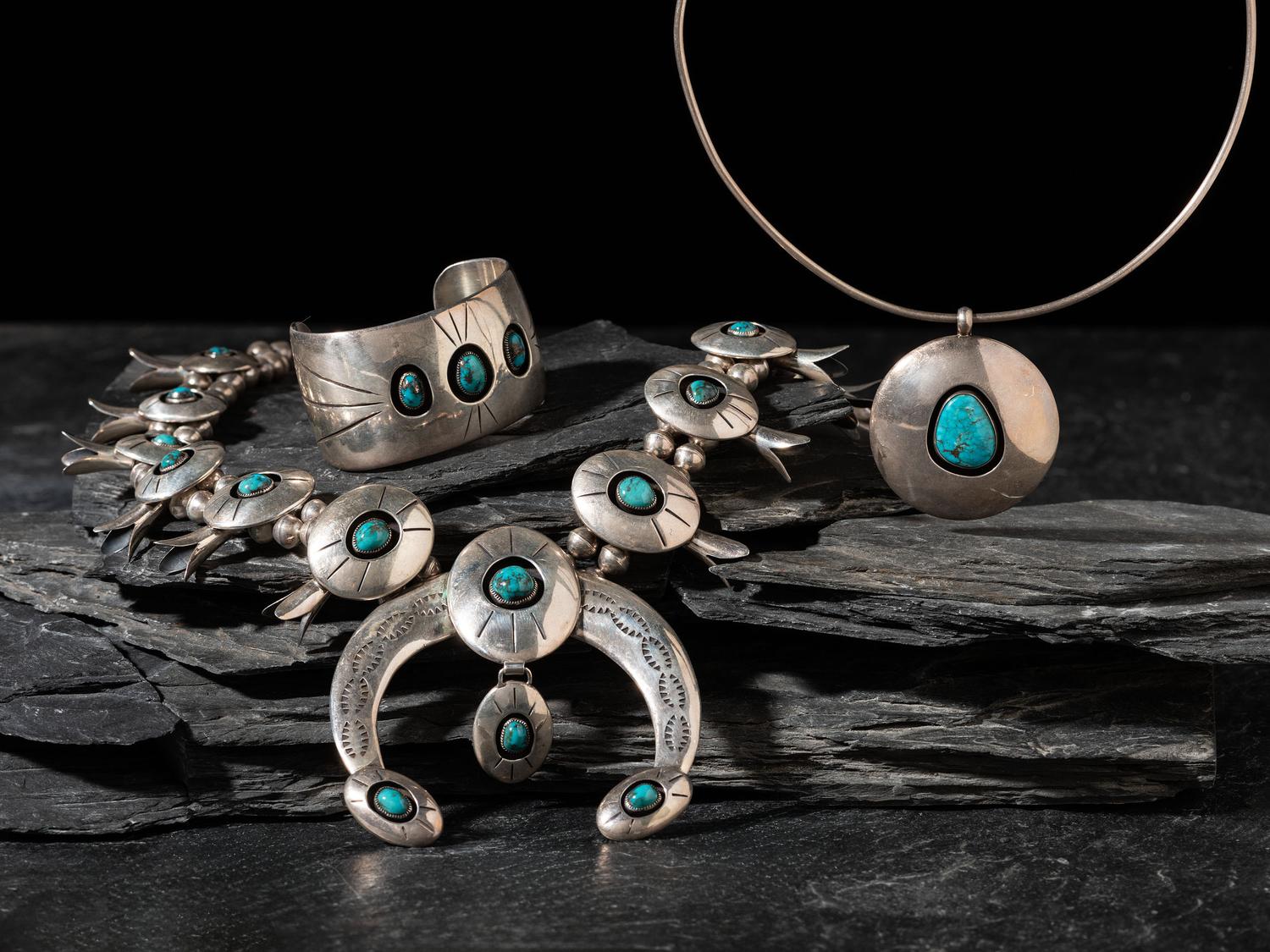 Navajo Silver and Shadow Box Set Turquoise Jewelry